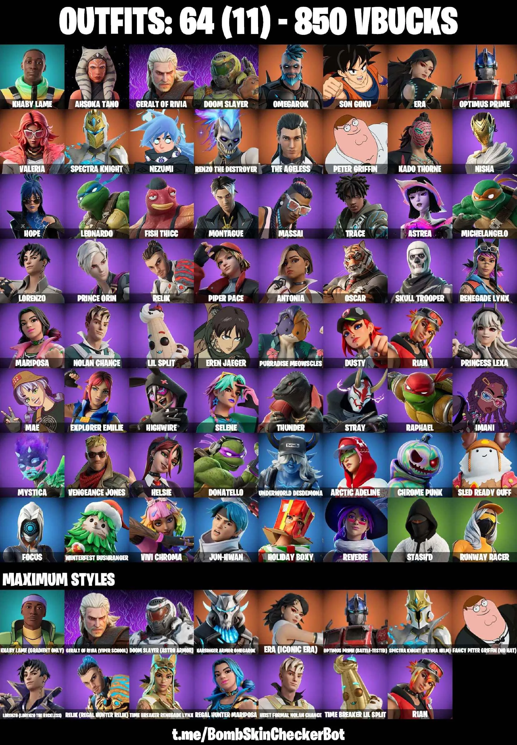 ❤️64 SKINS❤️SKULL TROOPER❤️AHSOKA TANO❤️SON GOKU❤️EREN JAEGER❤️ERA(MAX)❤️MARIPOSA(MAX)❤️HELSIE❤️REVERIE❤️NISHA❤️OSCAR❤️STASHD❤️CAN PLAY ON PSN❤️XBOX❤️PC❤️NINTENDO❤️MOBILE❤️850 VBUCKS❤️FULL EMAIL ACCESS❤️
