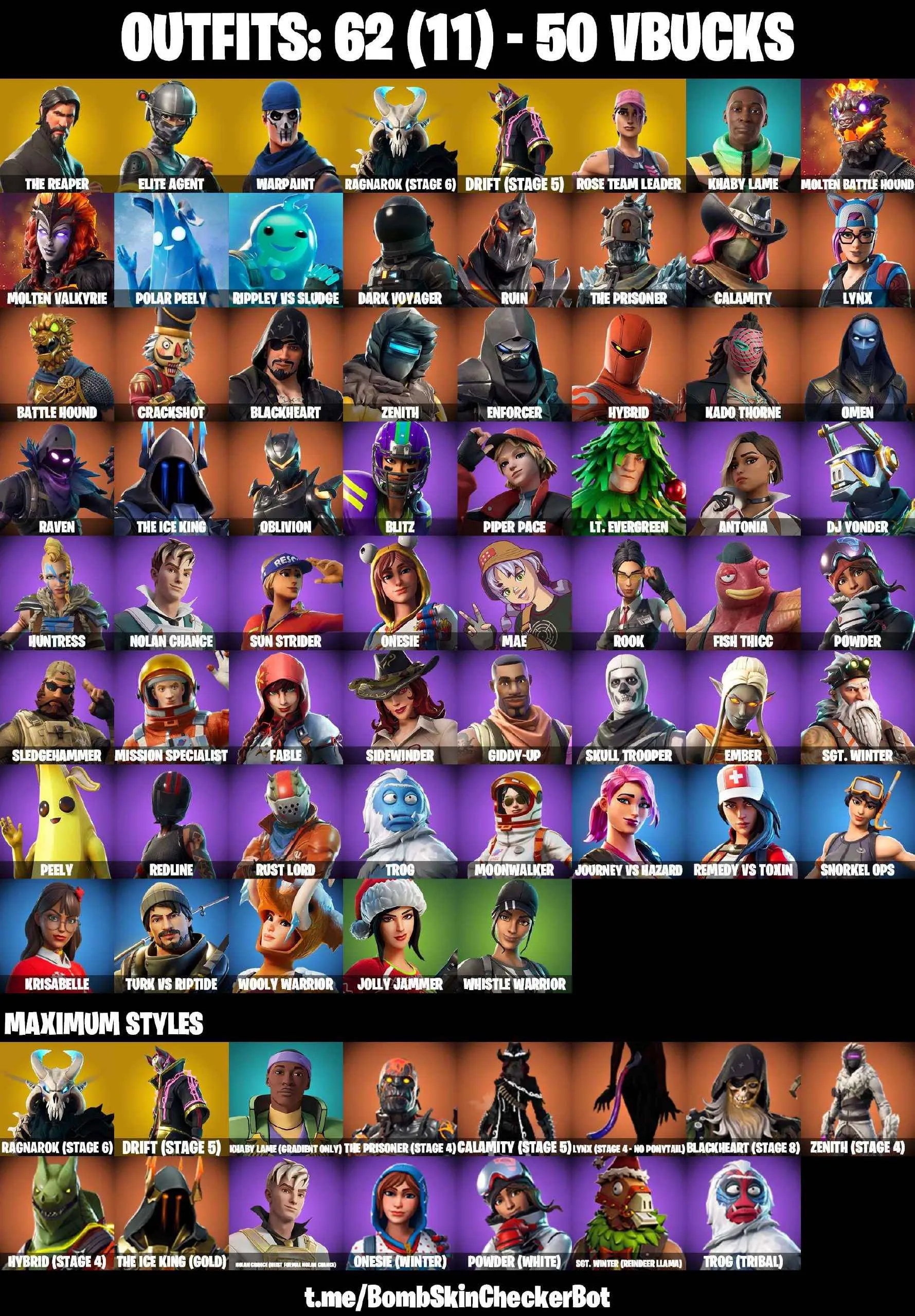 ❤️62 SKINS❤️TAKE THE L❤️THE REAPER❤️ELITE AGENT❤️OG STW❤️SKULL TROOPER❤️ORANGE JUSTICE❤️ONESIE(MAX)❤️ROOK❤️PEELY❤️DRIFT(STAGE 5)❤️RAGNAROK(STAGE 6)❤️LYNX(STAGE 4)❤️SNOWFLAKE❤️RUST BUCKET❤️PEPPERMINT PICK❤️CAN PLAY ON PSN❤️XBOX❤️PC❤️NINTENDO❤️MOBILE❤️