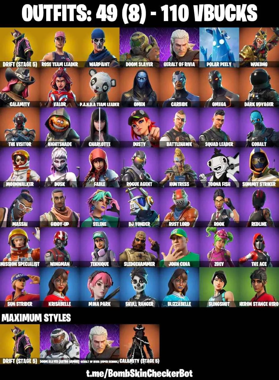 ❤️49 SKINS❤️TAKE THE L❤️OG STW❤️OMEGA❤️ORANGE JUSTICE❤️MINA PARK❤️JOHN CENA❤️SKULL RANGER❤️ZOEY❤️ROOK❤️CHARLOTTE❤️TOONA FISH❤️DRIFT(STAGE 5)❤️SLINGSHOT❤️HERON STANCE HERO❤️RUST BUCKET❤️CAN PLAY ON PSN❤️XBOX❤️PC❤️NINTENDO❤️MOBILE❤️110 VBUCKS❤️