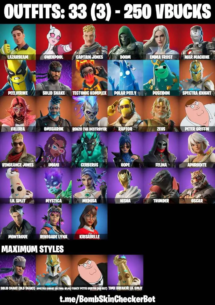 ❤️33 SKINS❤️GET GRIDDY❤️HOPE❤️MEDUSA❤️APHRODITE❤️NISHA❤️SPECTRA KNIGHT(MAX)❤️RENZO THE DESTROYER❤️POLAR PEELY❤️CAN PLAY ON PSN❤️XBOX❤️PC❤️NINTENDO❤️MOBILE❤️250 VBUCKS❤️FULL EMAIL ACCESS❤️