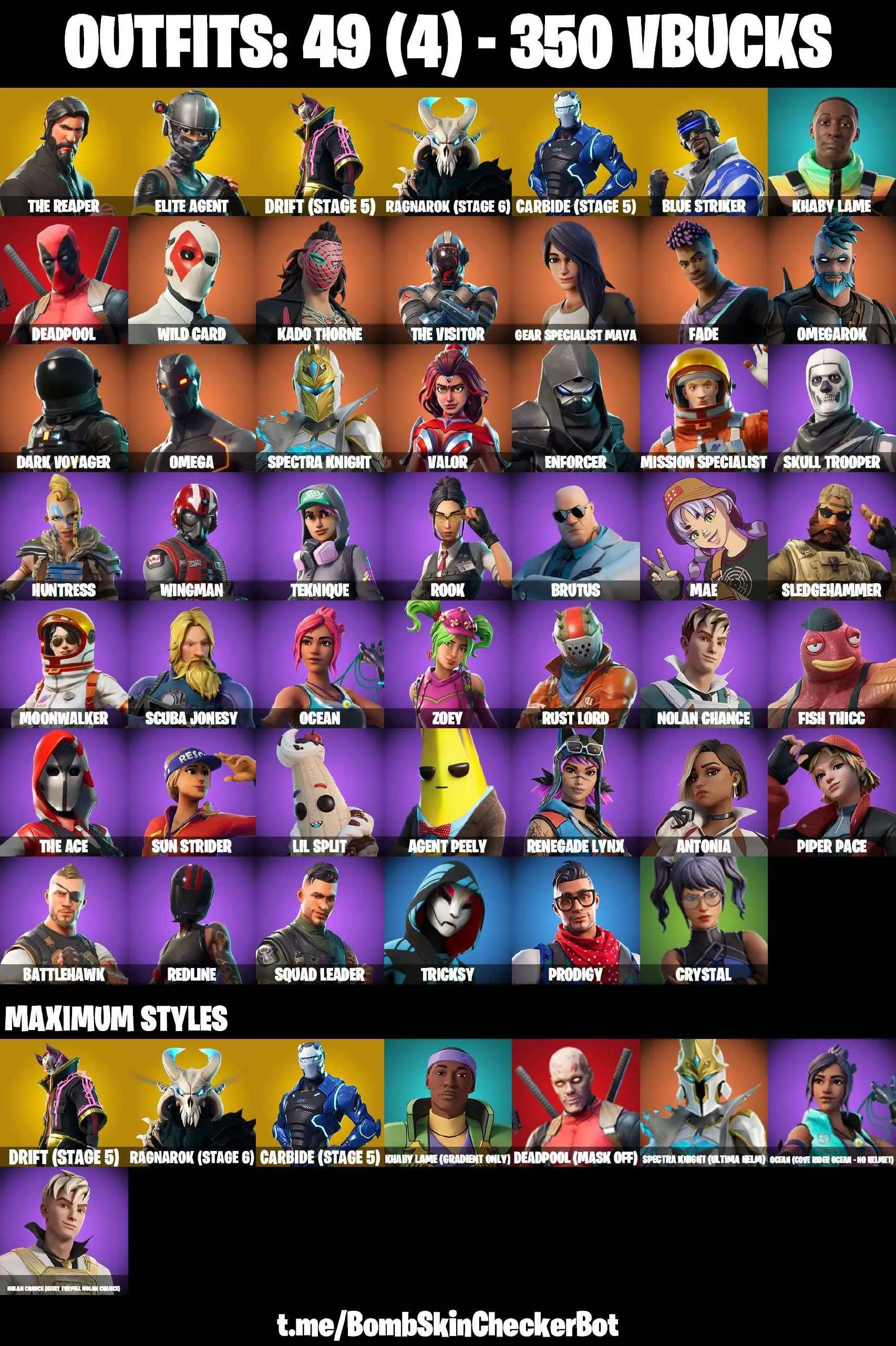 ❤️49 SKINS❤️TAKE THE L❤️THE REAPER❤️ELITE AGENT❤️SKULL TROOPER❤️OMEGA❤️ORANGE JUSTICE❤️MAYA❤️ZOEY❤️ROOK❤️AGENT PEELY❤️DRIFT(STAGE 5)❤️RAGNAROK(STAGE 6)❤️CARBIDE(STAGE 5)❤️CRYSTAL❤️RUST BUCKET❤️SNOWFLAKE❤️CAN PLAY ON PSN❤️XBOX❤️PC❤️NINTENDO❤️MOBILE❤️