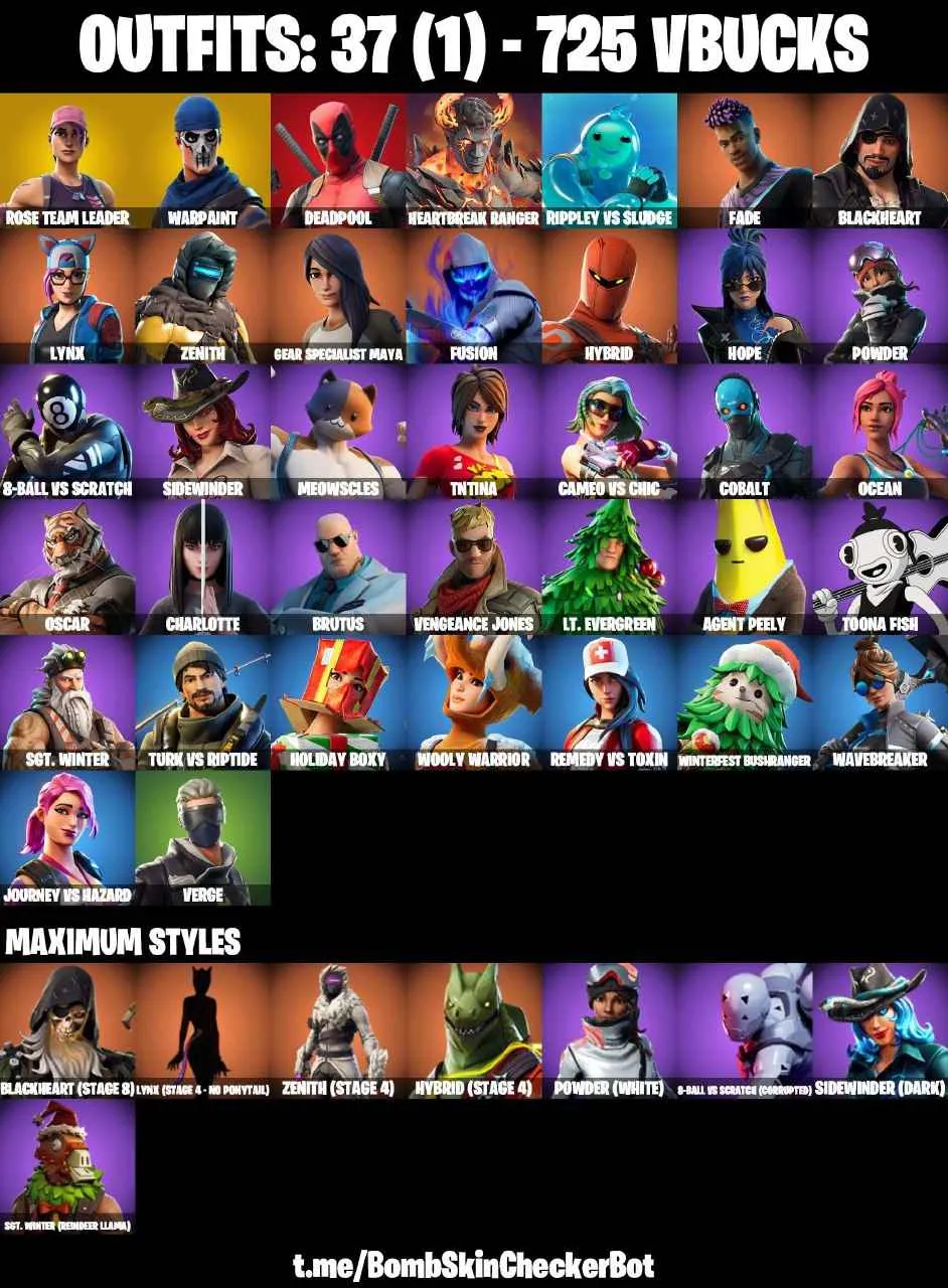 ❤️37 SKINS❤️OG STW❤️MAYA❤️CHARLOTTE❤️HOPE❤️TOONA FISH❤️AGENT PEELY❤️8-BALL(MAX)❤️LYNX(STAGE 4)❤️BLACKHEART(STAGE 8)❤️HYBRID(STAGE 4)❤️ASTROWORLD CYCLONE❤️PEPPERMINT PICK❤️TAKE THE ELF❤️CAN PLAY ON PSN❤️XBOX❤️PC❤️NINTENDO❤️MOBILE❤️725 VBUCKS❤️