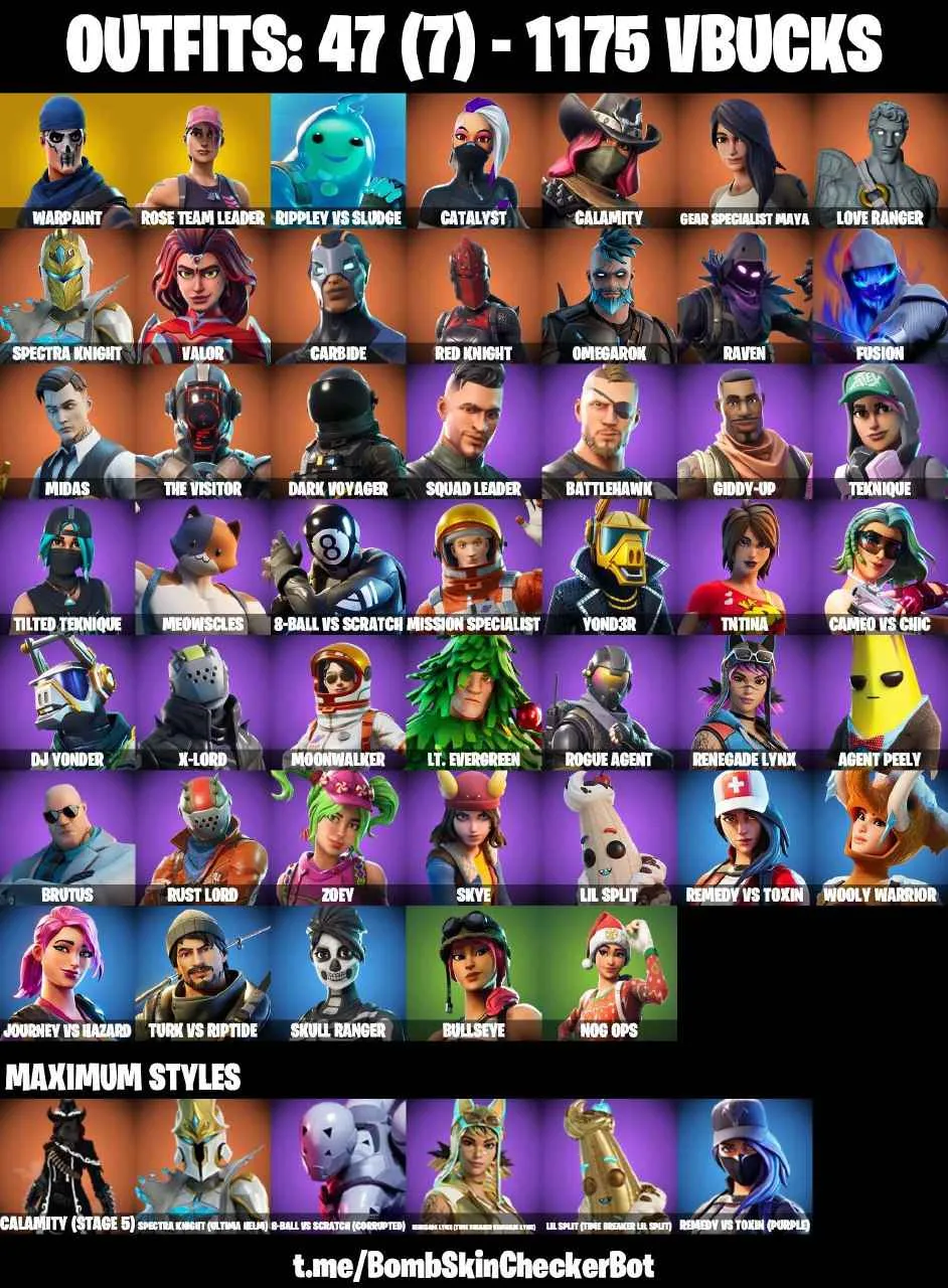 ❤️47 SKINS❤️TAKE THE L❤️OG STW❤️ORANGE JUSTICE❤️SKULL RANGER❤️MAYA❤️ZOEY❤️BULLSEYE❤️AGENT PEELY❤️SKYE❤️CALAMITY(STAGE 5)❤️ROGUE AGENT❤️ASTROWORLD CYCLONE❤️RUST BUCKET❤️ICE BREAKER❤️PEPPERMINT PICK❤️CAN PLAY ON PSN❤️XBOX❤️PC❤️NINTENDO❤️MOBILE❤️1175 VBUCKS❤️