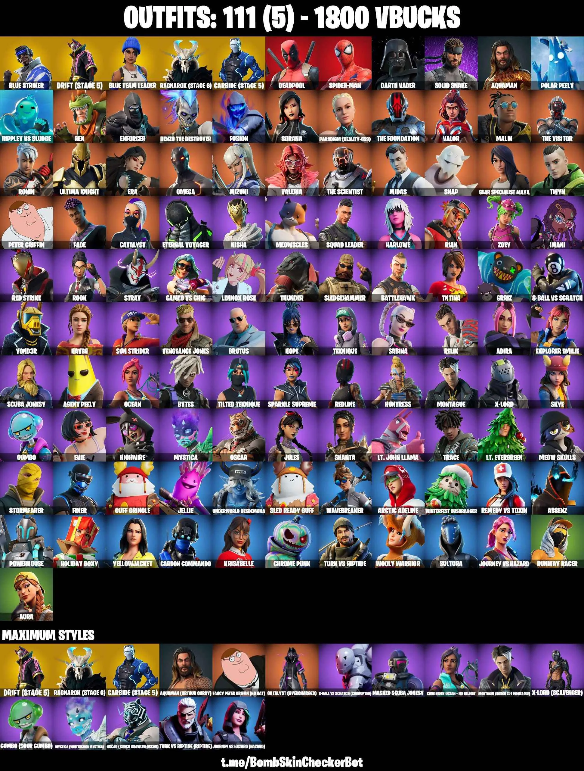 ❤️111 SKINS❤️OMEGA❤️SPDIER-MAN❤️DARTH VADER❤️CATALYST(MAX)❤️ORANGE JUSTICE❤️STAR WAND❤️MYSTICA(MAX)❤️LAUGH IT UP❤️ZOEY❤️ROOK❤️EVIE❤️JULES❤️AURA❤️DRIFT(STAGE 5)❤️RAGNAROK(STAGE 6)❤️CARBIDE(STAGE 5)❤️MEOW SKULLS❤️AGENT PEELY❤️RUST BUCKET❤️PEPPERMINT PICK❤️