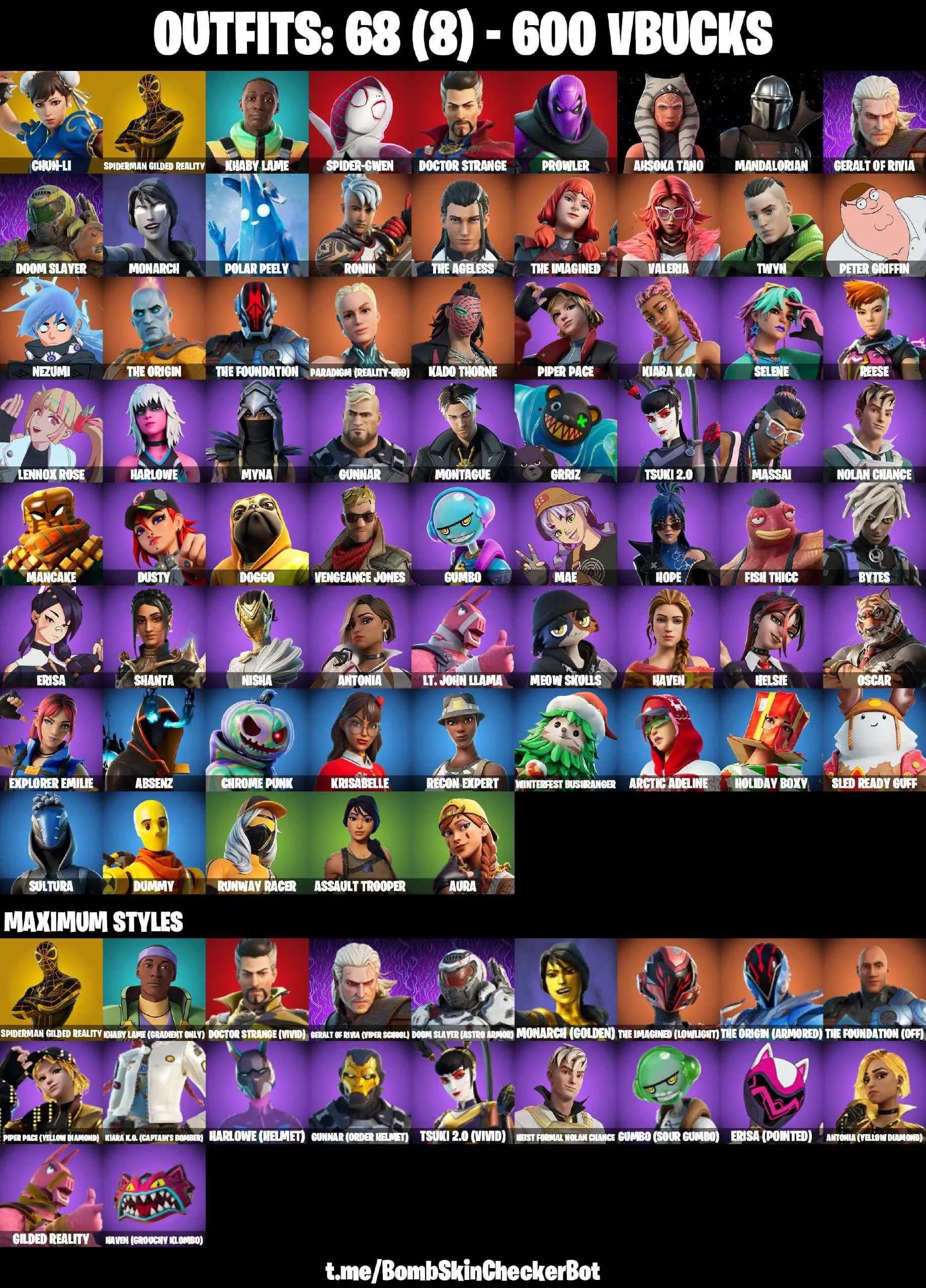 ❤️68 SKINS❤️CHUN-LI❤️GILDED SPIDER-MAN❤️MANDALORIAN❤️AHSOKA TANO❤️LAUGH IT UP❤️STAR WAND❤️DUMMY❤️TSUKI 2.0(MAX)❤️HELSIE❤️AURA❤️HOPE❤️THE FOUNDATION(MAX)❤️ERISA❤️GUMBO(MAX)❤️ICE BREAKER❤️CAN PLAY ON PSN❤️XBOX❤️PC❤️NINTENDO❤️MOBILE❤️600 VBUCKS❤️