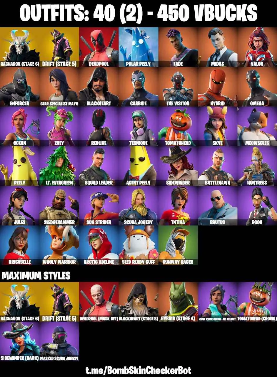 ❤️40 SKINS❤️ORANGE JUSTICE❤️MAYA❤️ZOEY❤️ROOK❤️JULES❤️AGENT PEELY❤️SKYE❤️DRIFT(STAGE 5)❤️RAGNAROK(STAGE 6)❤️RUNWAY RACER❤️ASTROWORLD CYCLONE❤️RUST BUCKET❤️PEPPERMINT PICK❤️TAKE THE ELF❤️CAN PLAY ON PSN❤️XBOX❤️PC❤️NINTENDO❤️MOBILE❤️450 VBUCKS❤️