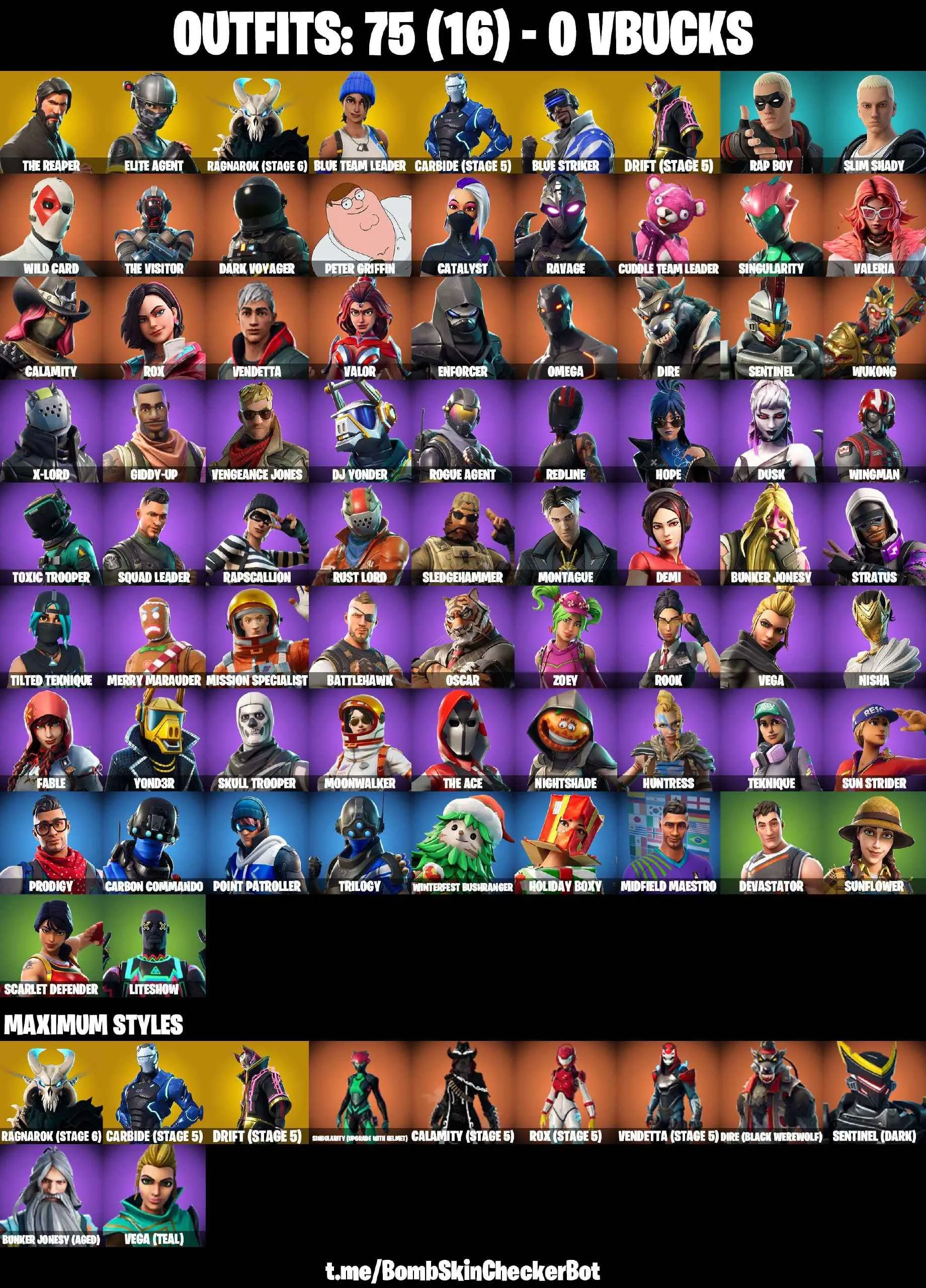 ❤️75 SKINS❤️TAKE THE L❤️THE REAPER❤️ELITE AGENT❤️OMEGA❤️ORANGE JUSTICE❤️SKULL TROOPER❤️RAPSCALLION❤️ZOEY❤️ROOK❤️HOPE❤️DRIFT(STAGE 5)❤️RAGNAROK(STAGE 6)❤️CARBIDE(STAGE 5)❤️MERRY MARAUDER❤️SNOWFLAKE❤️RUST BUCKET❤️ASTROWORLD CYCLONE❤️CAN PLAY ON PSN❤️XBOX❤️PC❤️