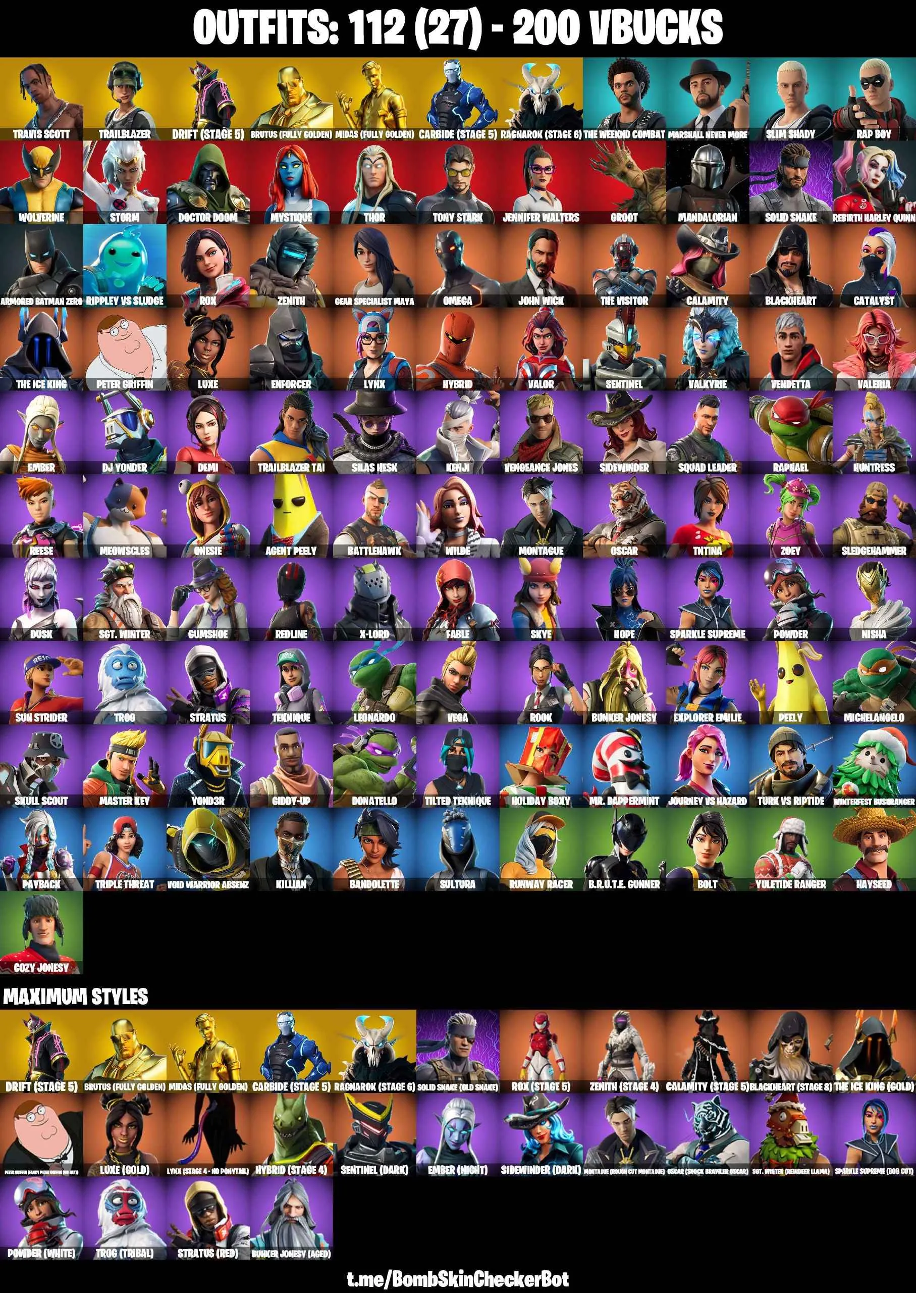❤️112 SKINS❤️TRAVIS SCOTT❤️JOHN WICK❤️TRAILBLAZER❤️FREESTYLIN❤️OMEGA❤️ORANGE JUSTICE❤️MANDALORIAN❤️ZOEY❤️ROOK❤️ONESIE❤️HOPE❤️DRIFT(STAGE 5)❤️RAGNAROK(STAGE 6)❤️CARBIDE(STAGE 5)❤️AGENT PEELY❤️YULETIDE RANGER❤️SNOWFLAKE❤️ICE BREAKER❤️TAKE THE ELF❤️