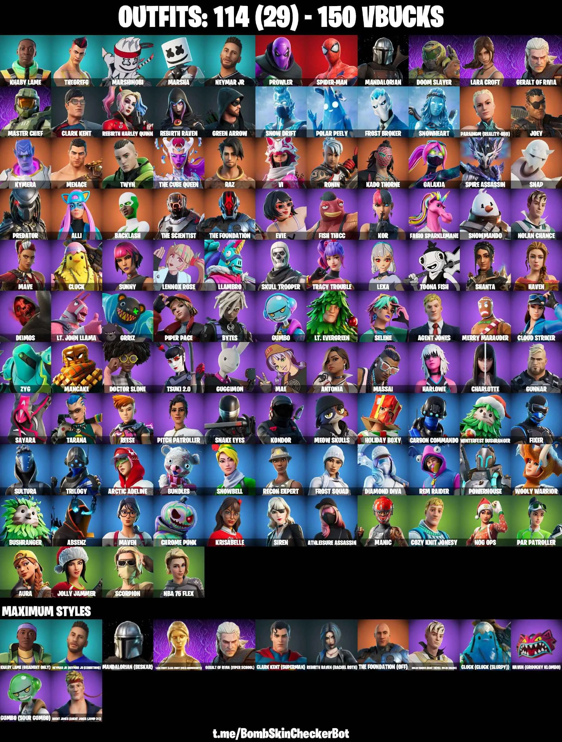 ❤️114 SKINS❤️JABBA SWITCHWAY❤️BACKLASH❤️SNAKE EYES❤️GOLDEN LARA CROFT❤️FULL BESKAR MANDALORIAN❤️RACHEL ROTH❤️TRACY TROUBLE❤️MASTER CHIEF❤️SKULL TROOPER❤️SPIDER-MAN❤️LAUGH IT UP❤️INTRODUCING❤️STAR WAND❤️PREDATOR❤️VI❤️GALAXIA❤️EVIE❤️CHARLOTTE❤️KOR❤️TSUKI 2.0❤️