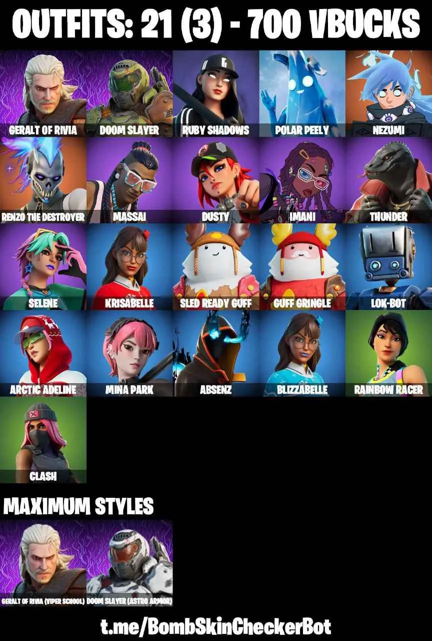 ❤️21 SKINS❤️MINA PARK❤️ARCTIC ADELINE❤️DUSTY❤️IMANI❤️RENZO THE DESTROYER❤️NEZUMI❤️POLAR PEELY❤️RAINBOW RACER❤️CLASH❤️NEEDLE DROPPER❤️CAN PLAY ON PSN❤️XBOX❤️PC❤️NINTENDO❤️MOBILE❤️700 VBUCKS❤️FULL EMAIL ACCESS❤️