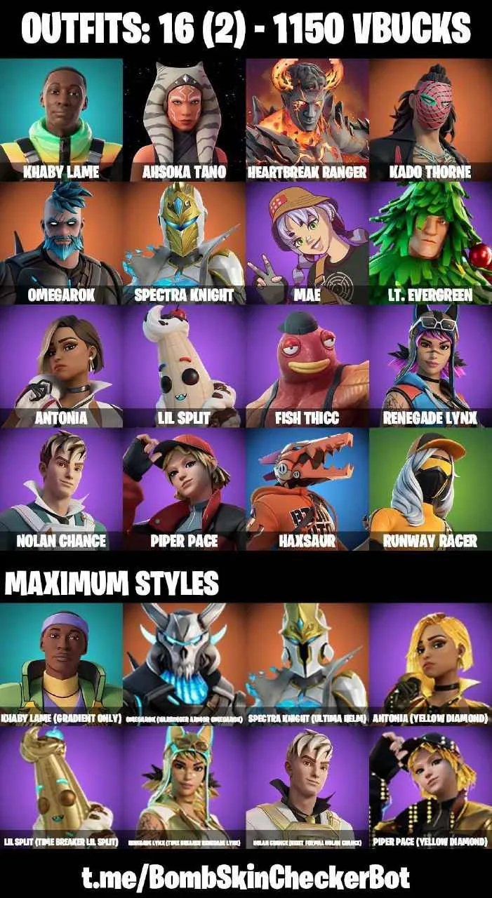 ❤️16 SKINS❤️AHSOKA TANO❤️SPECTRA KNIGHT(MAX)❤️OMEGAROK(MAX)❤️MAE❤️FISH THICC❤️PIPER PACE(MAX)❤️PEPPERMINT PICK❤️PEELY WHIP❤️CAN PLAY ON PSN❤️XBOX❤️PC❤️NINTENDO❤️MOBILE❤️1150 VBUCKS❤️FULL EMAIL ACCESS❤️