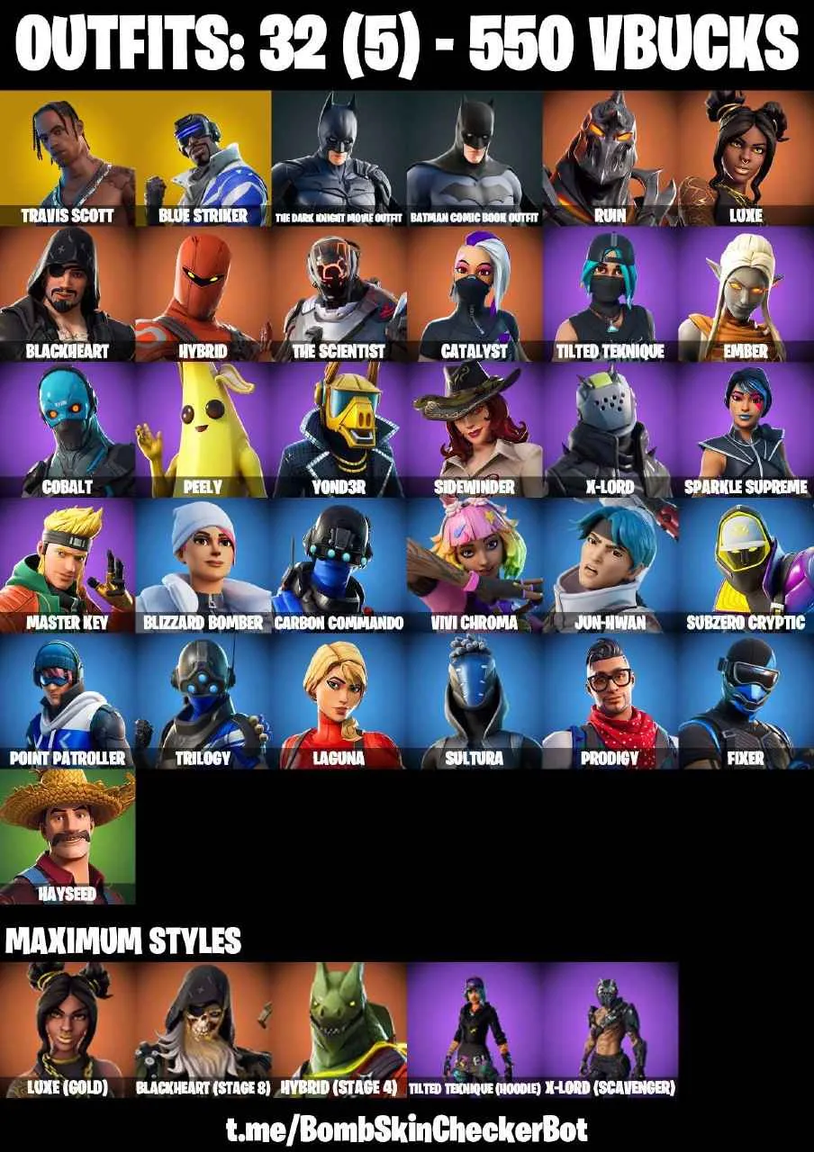 ❤️32 SKINS❤️TRAVIS SCOTT❤️INTRODUCING❤️PEELY❤️LAGUNA❤️HAYSEED❤️HYBRID(STAGE 4)❤️BLACKHEART(STAGE 8)❤️CAN PLAY ON PSN❤️XBOX❤️PC❤️NINTENDO❤️MOBILE❤️550 VBUCKS❤️FULL EMAIL ACCESS❤️