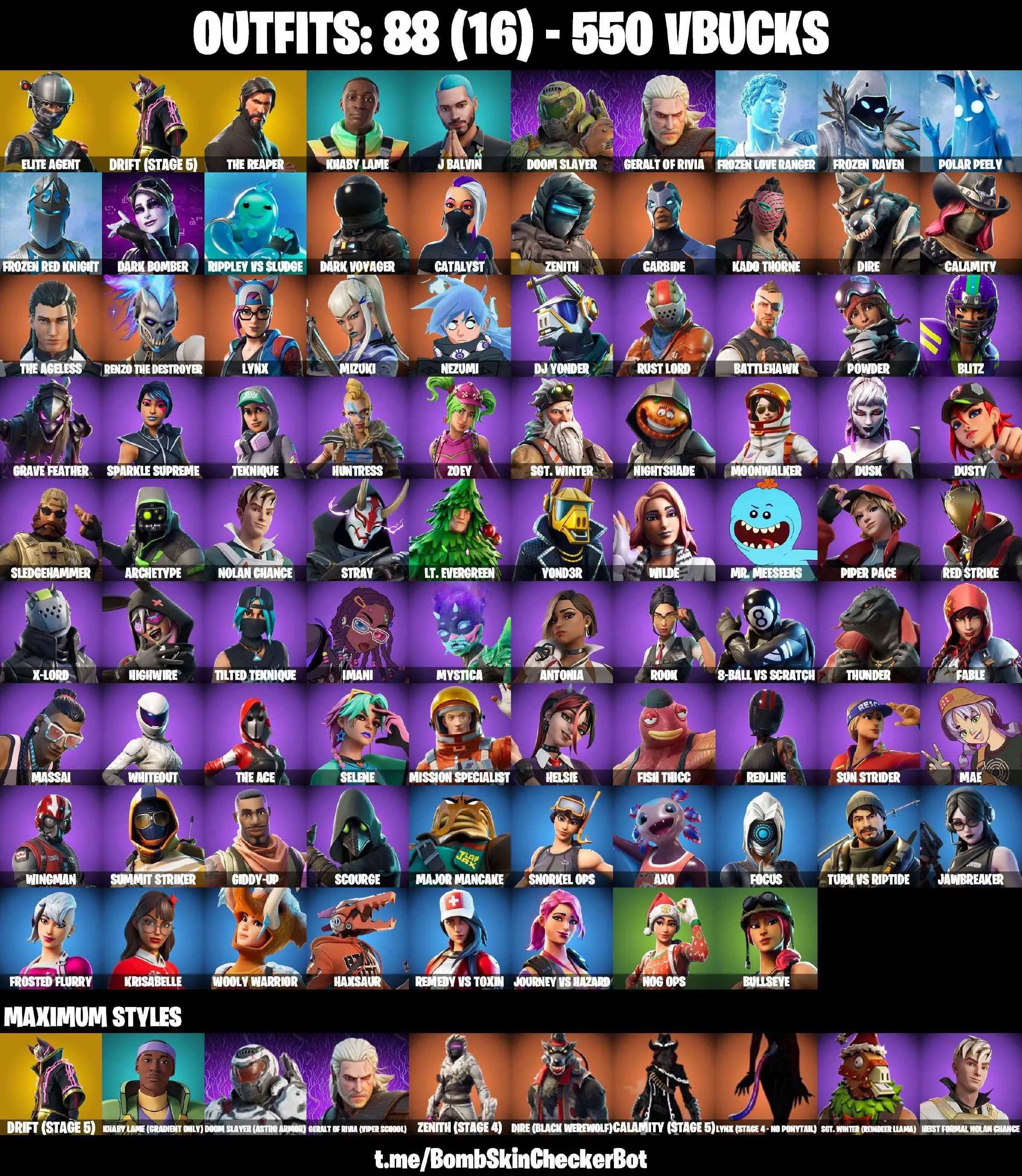 ❤️88 SKINS❤️TAKE THE L❤️THE REAPER❤️ELITE AGENT❤️GET GRIDDY❤️ORANGE JUSTICE❤️ZOEY❤️ROOK❤️HELSIE❤️BULLSEYE❤️DRIFT(STAGE 5)❤️LYNX(STAGE 4)❤️CALAMITY(STAGE 5)❤️DIRE(MAX)❤️NOG OPS❤️SNOWFLAKE❤️RUST BUCKET❤️CAN PLAY ON PSN❤️XBOX❤️PC❤️NINTENDO❤️MOBILE❤️550 VBUCKS❤️