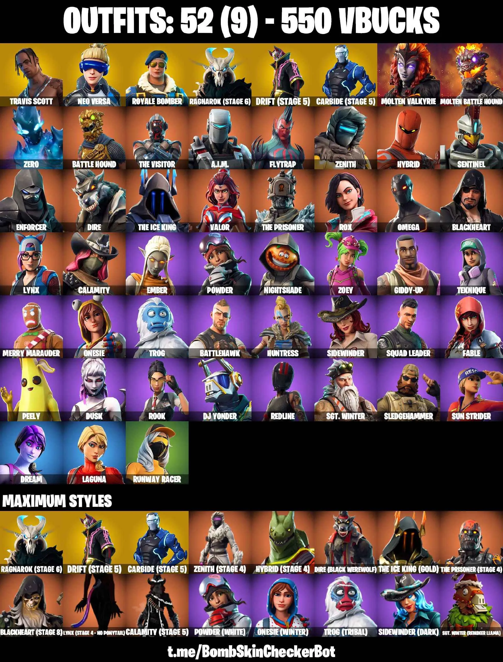 ❤️52 SKINS❤️TRAVIS SCOTT❤️ROYALE BOMBER❤️NEO VERSA❤️OMEGA❤️ORANGE JUSTICE❤️ZOEY❤️ONESIE(MAX)❤️ROOK❤️DRIFT(STAGE 5)❤️RAGNAROK(STAGE 6)❤️CARBIDE(STAGE 5)❤️CAN PLAY ON PSN❤️XBOX❤️PC❤️NINTENDO❤️MOBILE❤️550 VBUCKS❤️FULL EMAIL ACCESS❤️