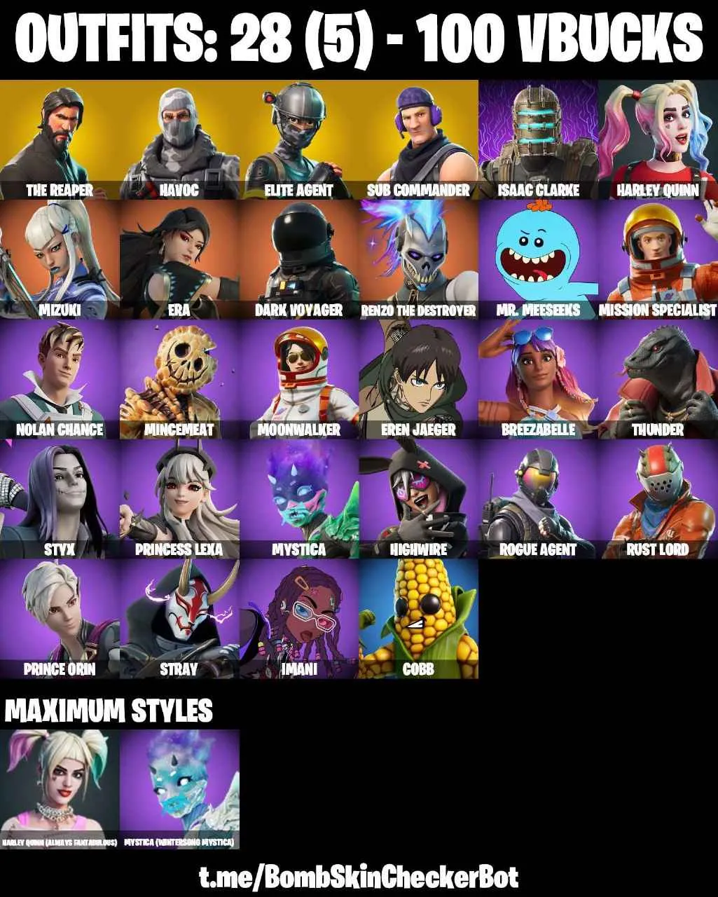 ❤️28 SKINS❤️TAKE THE L❤️THE REAPER❤️ELITE AGENT❤️HAVOC❤️SUB COMMANDER❤️ISAAC CLARKE❤️HARLEY QUINN(MAX)❤️EREN JAEGER❤️MYSTICA(MAX)❤️RUST BUCKET❤️CAN PLAY ON PSN❤️XBOX❤️PC❤️NINTENDO❤️MOBILE❤️100 VBUCKS❤️FULL EMAIL ACCESS❤️