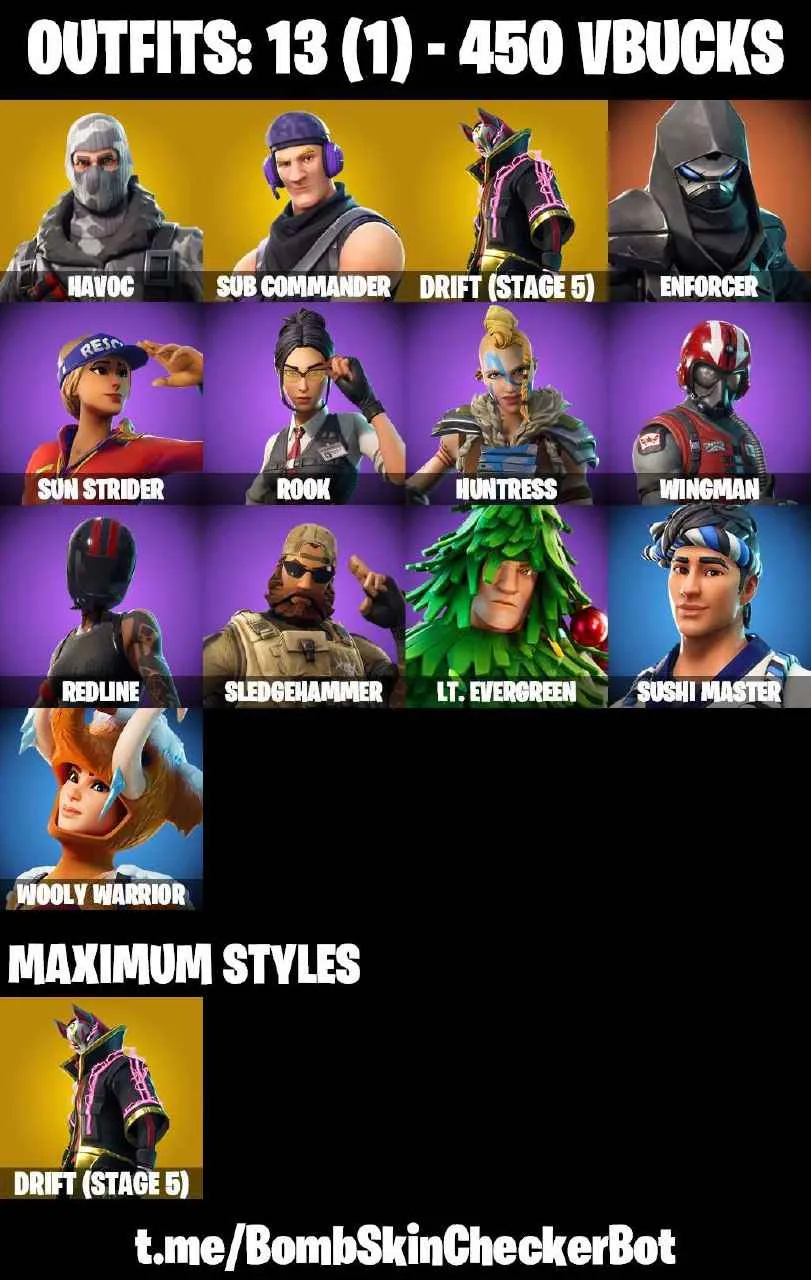 ❤️13 SKINS❤️ORANGE JUSTICE❤️HAVOC❤️SUB COMMANDER❤️ROOK❤️DRIFT(STAGE 5)❤️HUNTRESS❤️SUSHI MASTER❤️RUST BUCKET❤️PEPPERMINT PICK❤️HOT MARAT❤️CAN PLAY ON PSN❤️XBOX❤️PC❤️NINTENDO❤️MOBILE❤️450 VBUCKS❤️FULL EMAIL ACCESS❤️