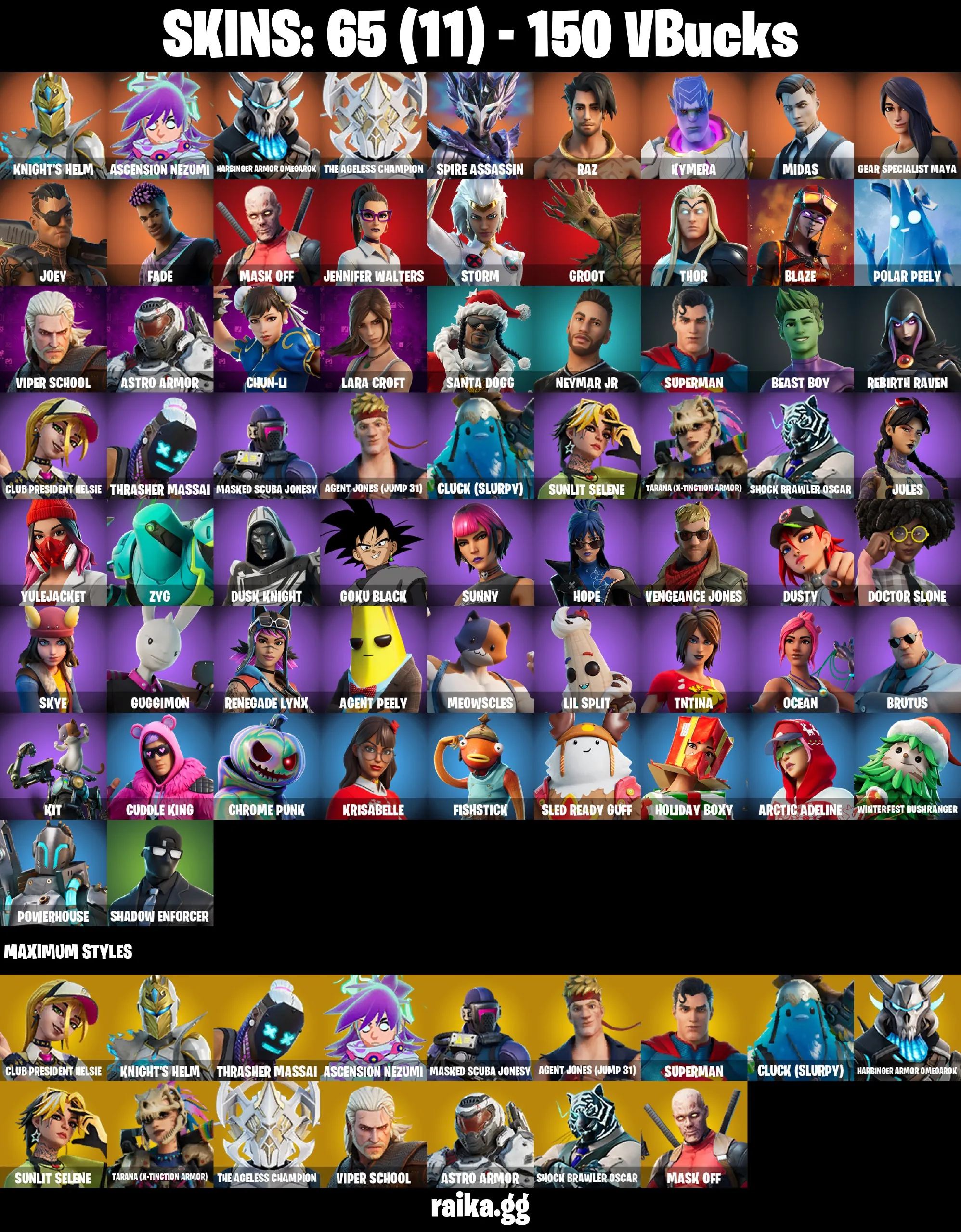 🔥65 skins🔥Lara Croft🔥Chun-Li🔥Reaper🔥Midas🔥Deadpool🔥Spectra Knight🔥Goku Black🔥Agent Peely🔥Meowscles🔥Renegade Lynx