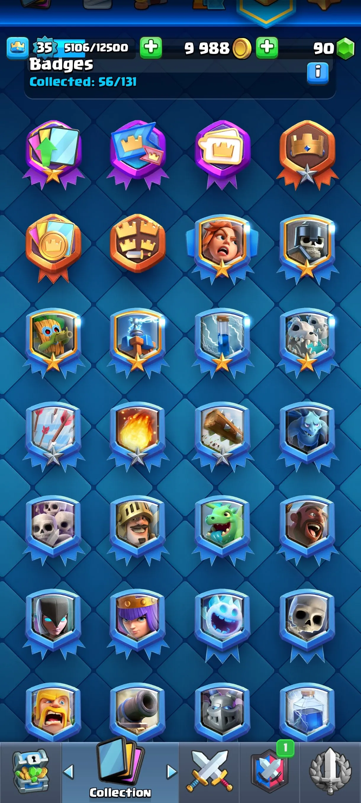 CR674 6565 cups 1 Evolution 115 cards 90 gems 9988 gold King 35 Arena 18 4 tower skins 25 emotes badges collection