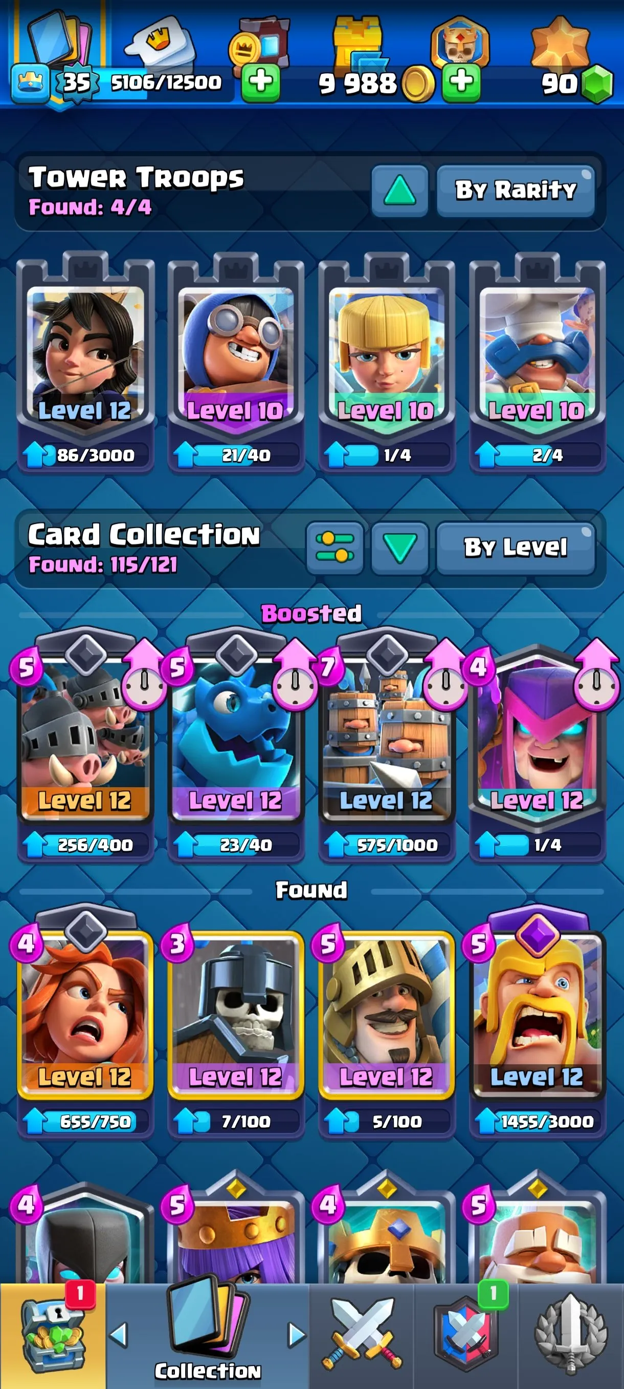 CR674 6565 cups 1 Evolution 115 cards 90 gems 9988 gold King 35 Arena 18 4 tower skins 25 emotes badges collection