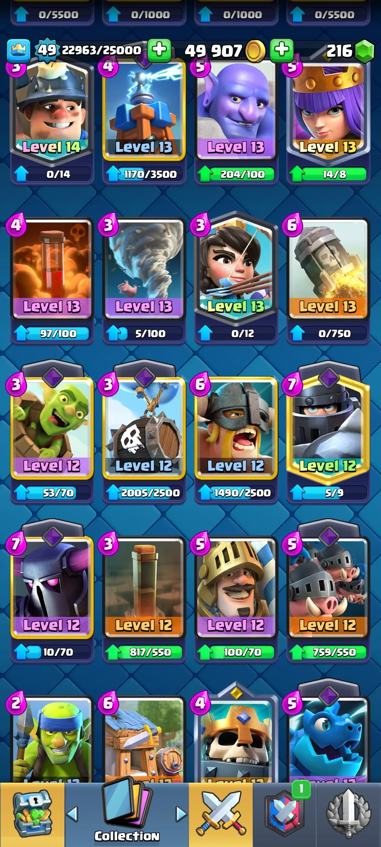 CR565 Maxed 10k Trophies Level 49 star 5 Evolutions 121 Cards 51 Emotes 3 Tower Skins 216 Gems