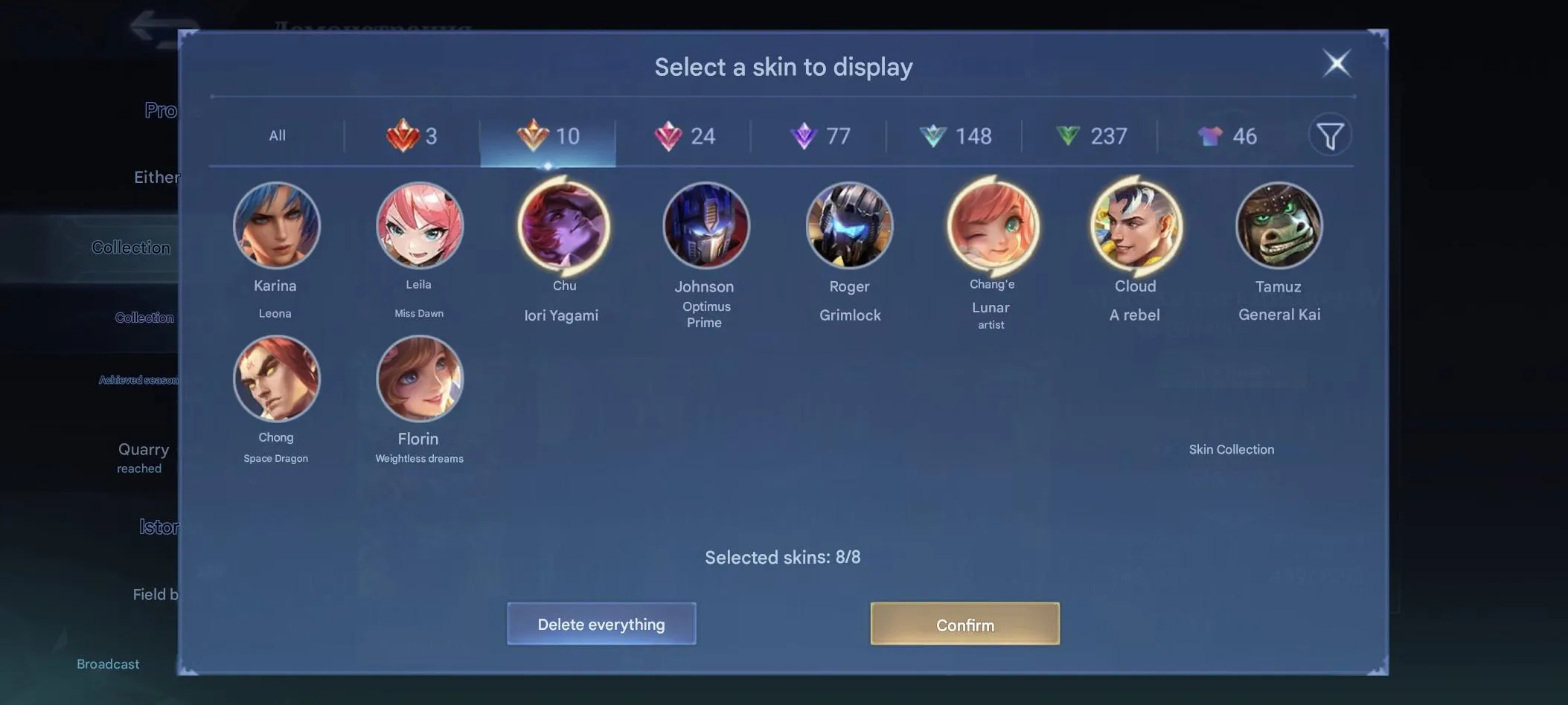 ML535 501 Stars 3 Legend KOF Chou Sanrio Claude Chang’e Graduate Leila 5 Collector 545 Skins