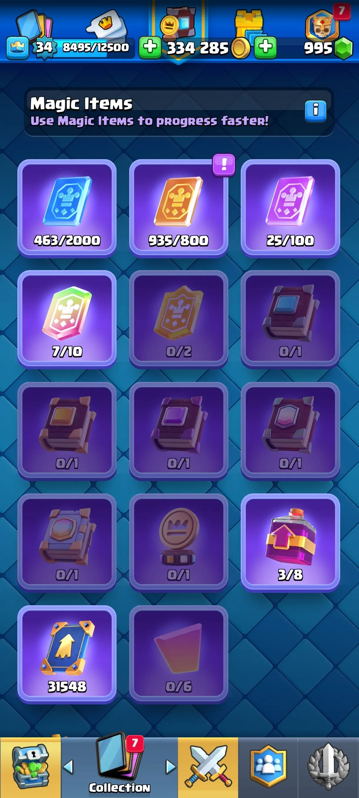 CR673 7635 cups 3 Evolutions 18 Legendary 113 cards 995 gems 334285 gold King 34 Arena 20 3 tower skins 26 emotes