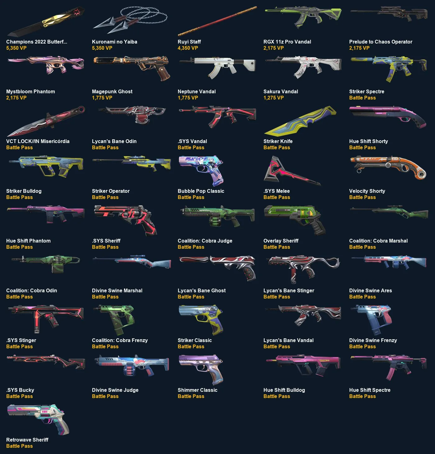 V111 //Champions 2022 Butterfly Knife, Kuronami no Yaiba, RGX 11z Pro Vandal, Ruyi Staff, Striker, .SYS, Lycan’s Bane, Divine Swine, 41 Skins, 17 Agents