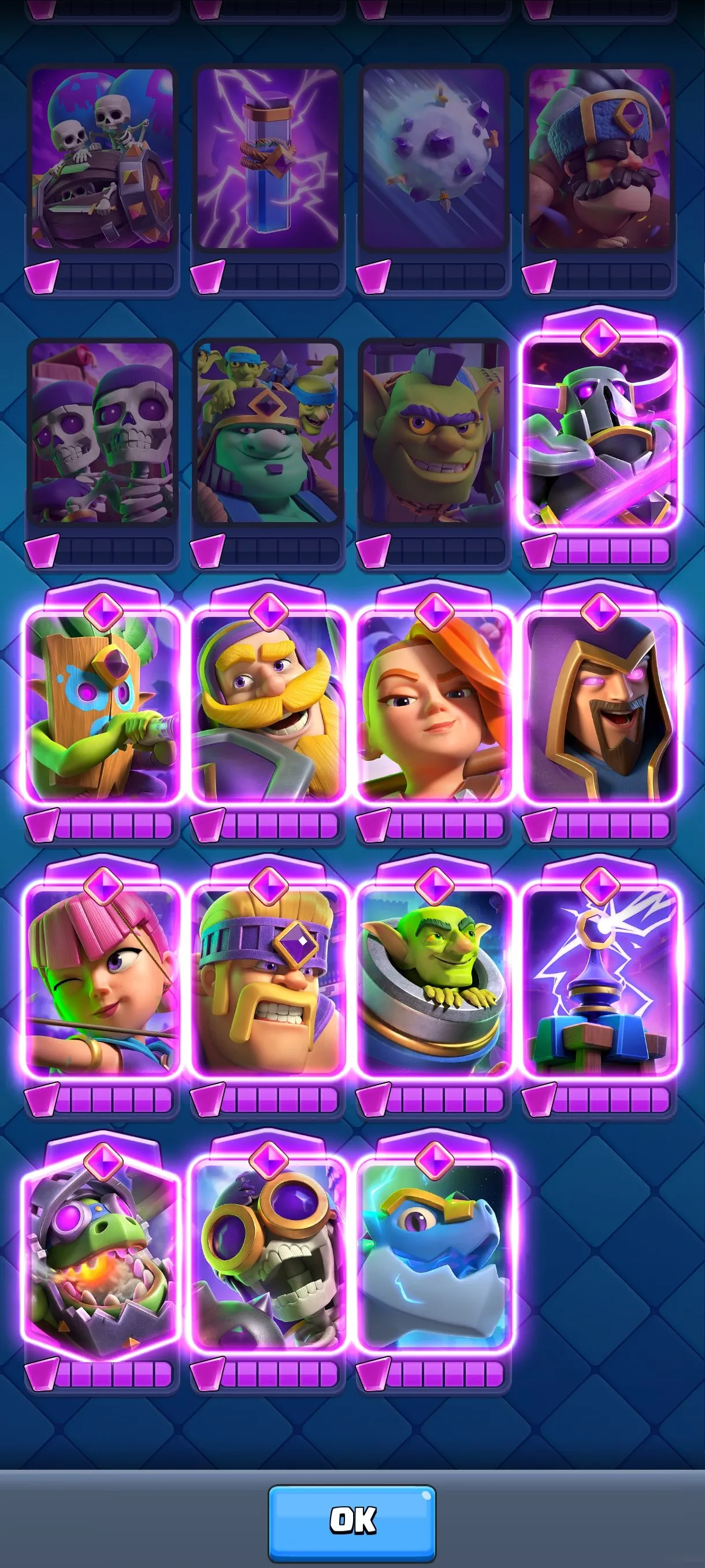 CR615 52 King Level Arena 24 9500 Trophies 121 Cards 21 Legendaries 63 Pins Pig 12 Evo+2 Shard 5 Towers X-Bow Main Deck L15 Max L12 Min Free Name Change