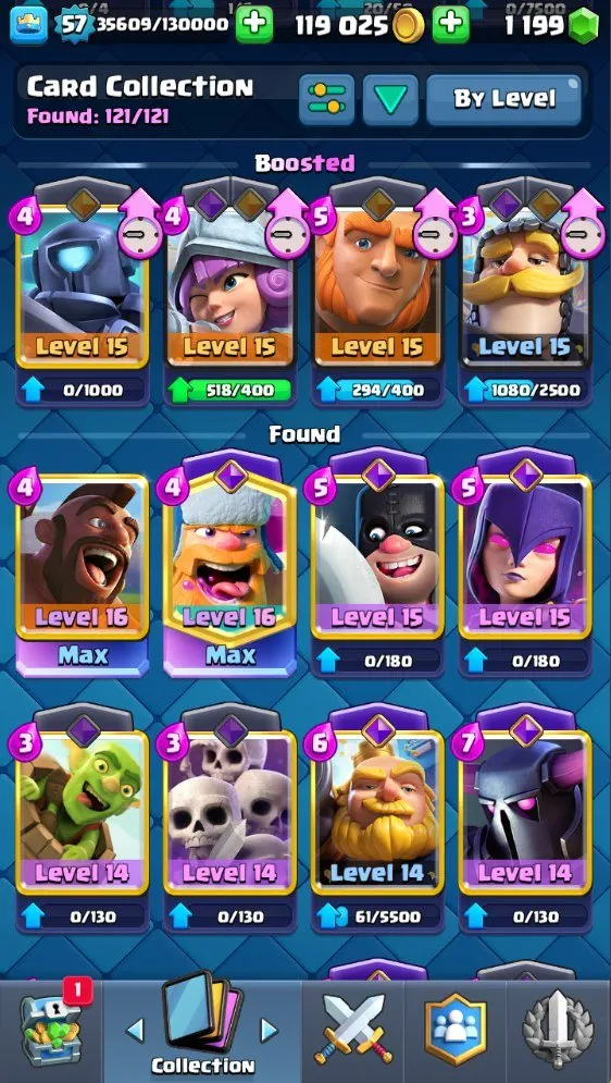 CR714 Level 57 maxed deck 2x level 16 3x level 15 12 evolutions 10k trophies Arena 24 119k gold 1.1k gems all 121 cards unlocked