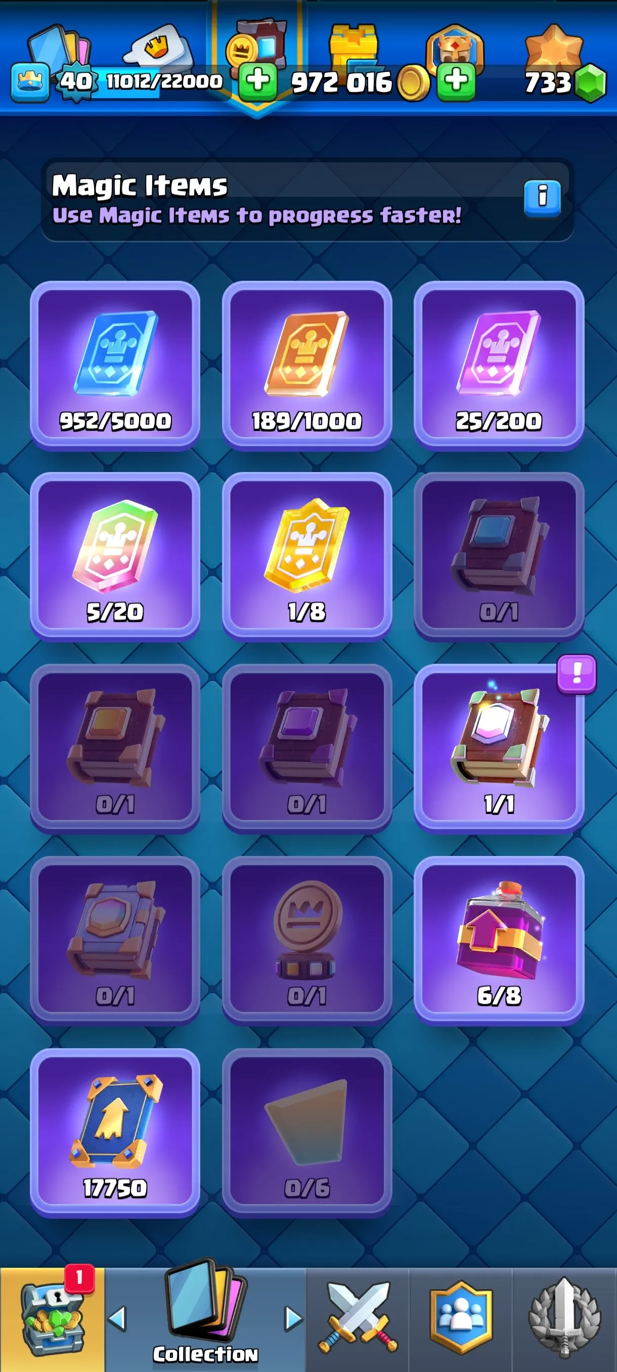 CR676 8035 cups 10 Evolutions 118 cards 733 gems 972016 gold King 40 Arena 21 5 tower skins 38 emotes rich magic