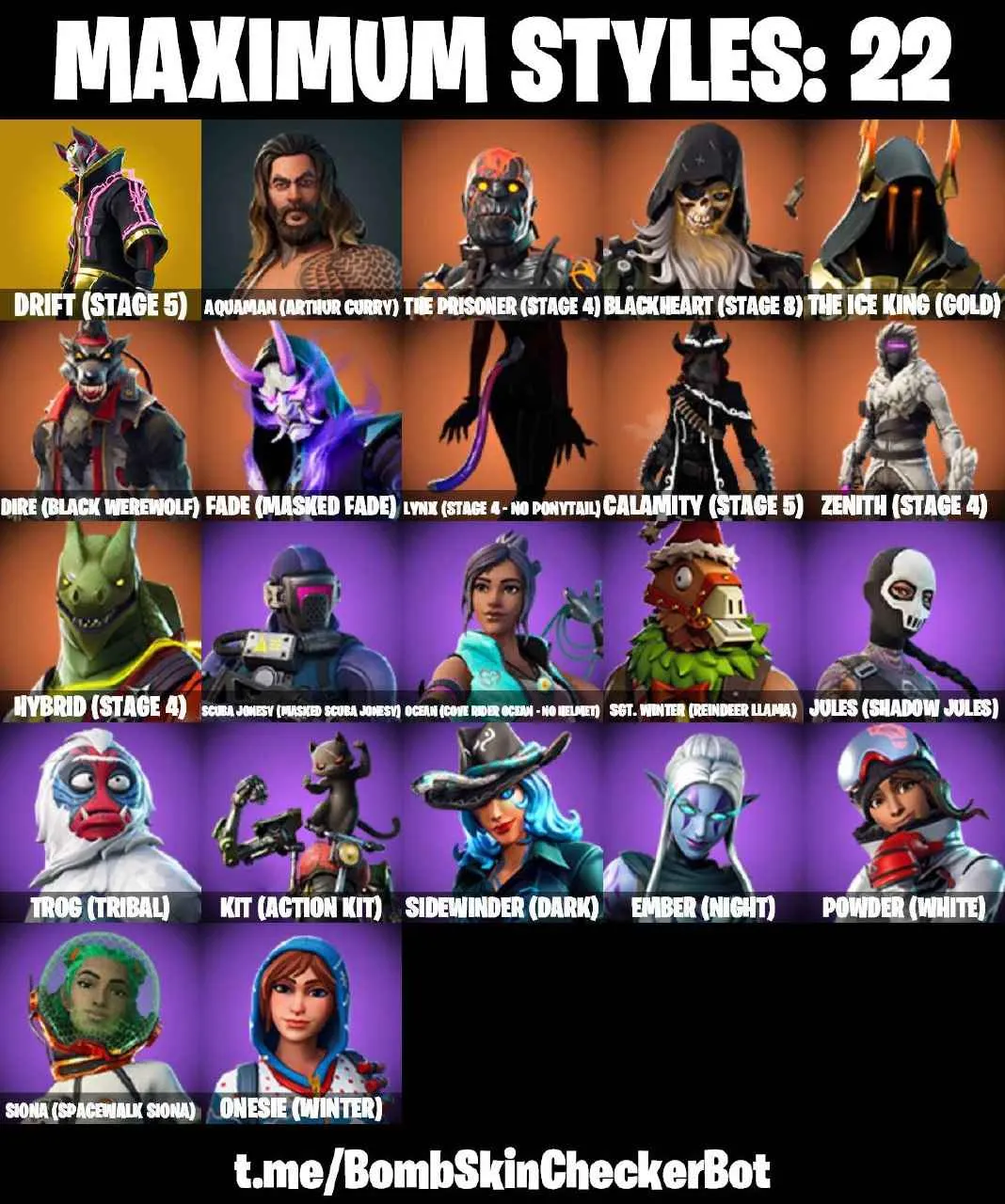 ❤️59 SKINS❤️OG STW❤️MANDALORIAN❤️PREDATOR❤️JULES(MAX)❤️ONESIE(MAX)❤️DRIFT(STAGE 5)❤️CALAMITY(STAGE 5)❤️LYNX(STAGE 4)❤️ZENITH(STAGE 4)❤️HYBRID(STAGE 4)❤️BLACKHEART(STAGE 8)❤️DIRE(MAX)❤️PEELY❤️MARKED MARAUDER❤️ICE BREAKER❤️PEPPERMINT PICK❤️TAKE THE ELF❤️
