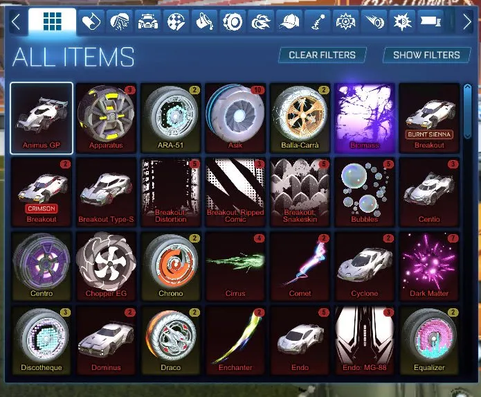 STOCK624 // Fennec, Animus GP, 100+ Exotic Drops, Multiple Painted Cars, Black Market Decals, Goal Explosions, Wheels (K)