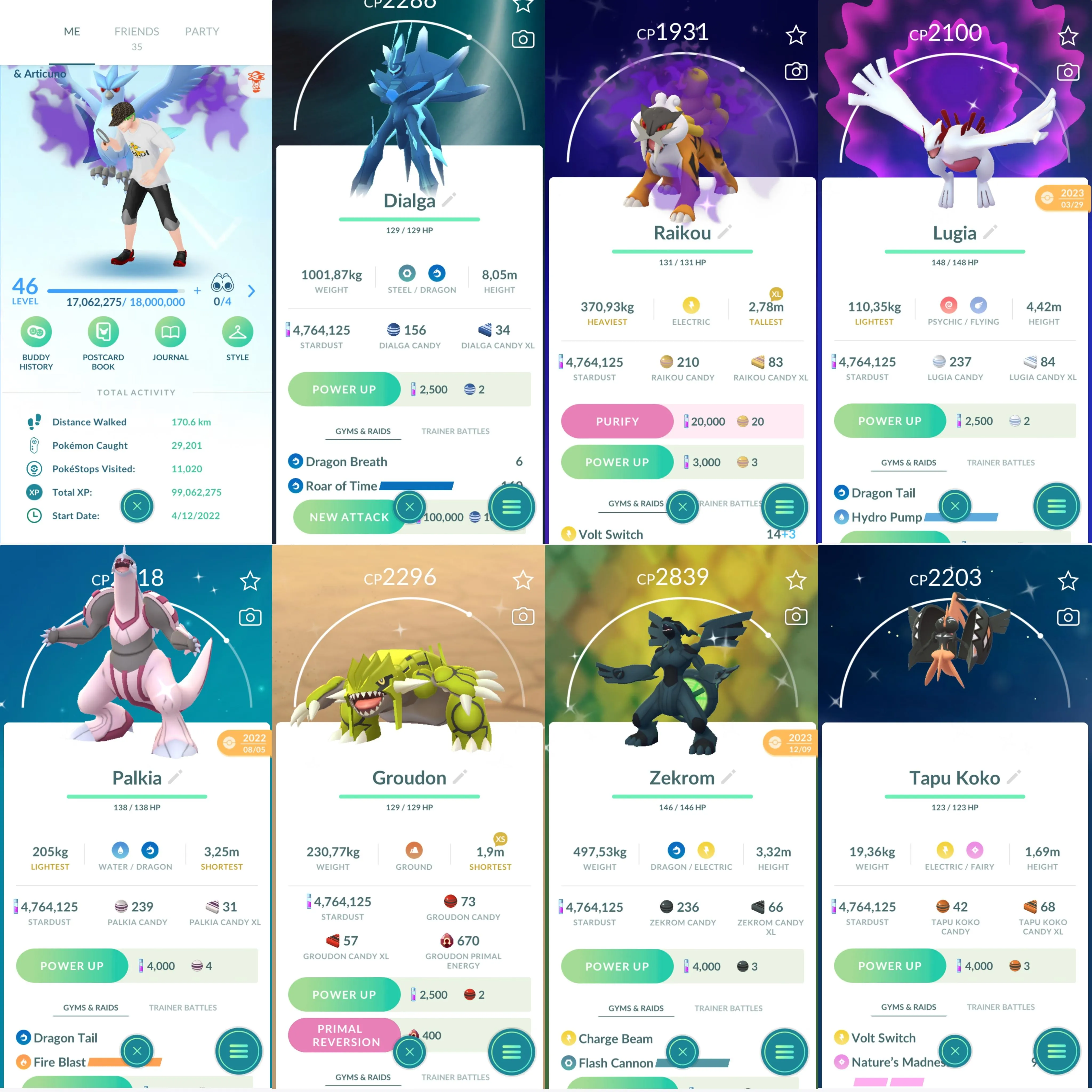1021 LV46 Darkrai100 Tapu Lele100 Dialga origin forme roar of time. Shiny: shadow Articuno, shadow Raikou, Lugia, palkia