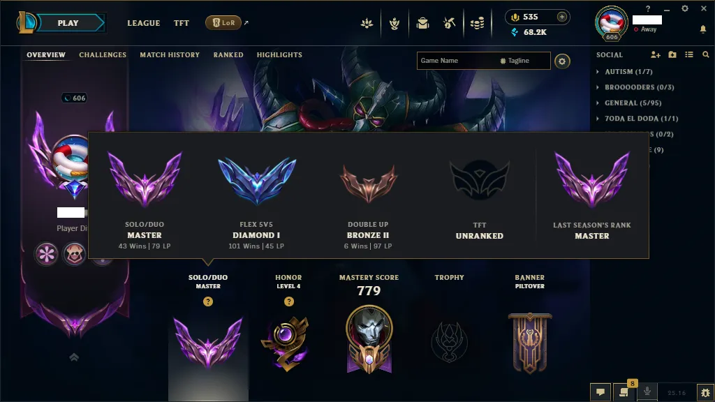 🏆 EUNE New Season⌛ Master 4 +50 LP 🚀  level 606⌛FULL Champ 💯 +236 SKIN🚀+60 k Blue Essence 🏆 Recovery Info ✅ 