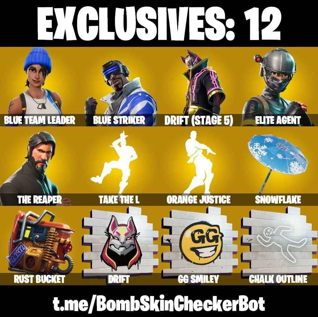 ❤️24 SKINS❤️TAKE THE L❤️THE REAPER❤️ELITE AGENT❤️212TH BATTALION TROOPER❤️501ST TROOPER❤️ORANGE JUSTICE❤️BLUE REAM LEADER❤️DRIFT(STAGE 5)❤️LYNX(STAGE 4)❤️SNOWFLAKE❤️RUST BUCKET❤️CAN PLAY ON PSN❤️XBOX❤️PC❤️NINTENDO❤️MOBILE❤️100 VBUCKS❤️FULL EMAIL ACCESS❤️
