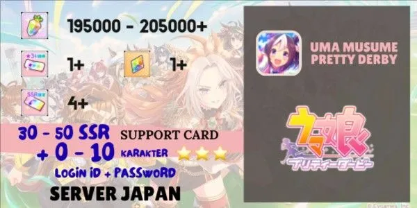 STOCK769 //High Reroll Account 195000–205000 Power, 30–50 SSR Support Cards, Japan Server (K)