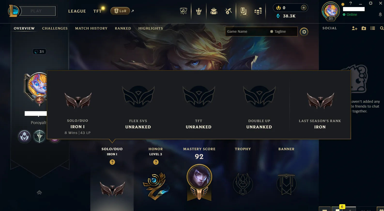 🌎NA 🔥S15⭐️Iron 1 🏆28 Champion ☢️1 Skins (Owend) 1 Shards 🔥38k+ BE☢️🔥Honor 3 ✅Unverified Email🚀instant