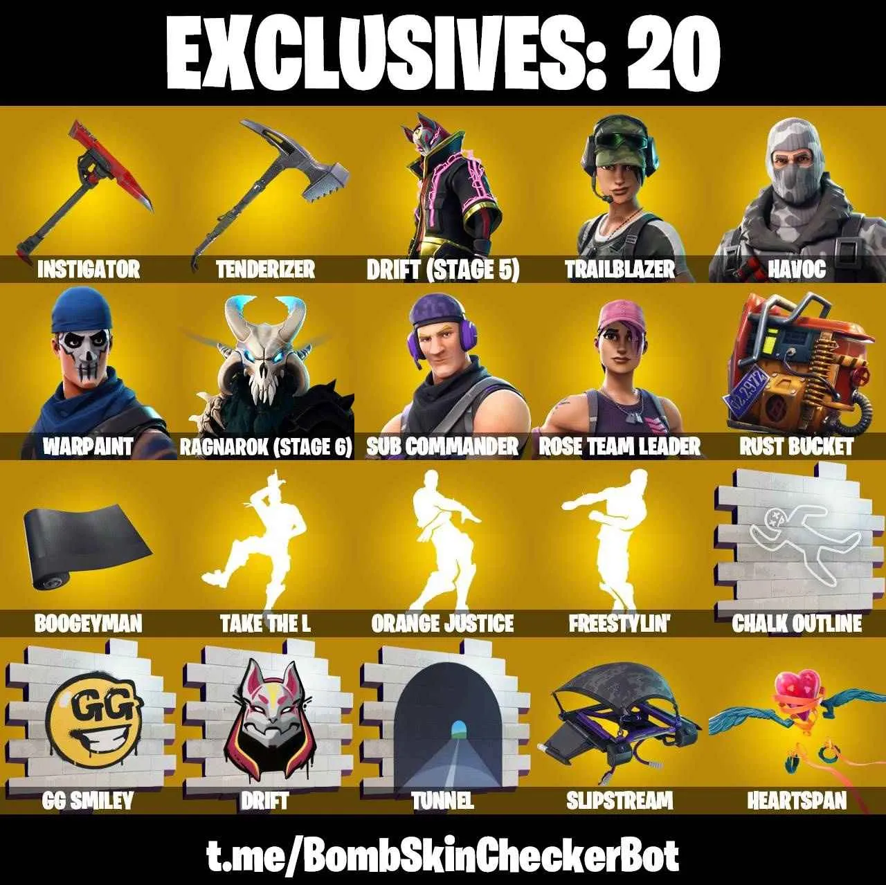 ❤️130 SKINS❤️TAKE THE L❤️TRAILBALZER❤️FREESTYLIN❤️OG STW❤️OMEGA❤️WHIPLASH❤️HAVOC❤️SUB COMMANDER❤️LARA CROFT❤️SPIDER-MAN❤️ORANGE JUSTICE❤️INTRODUCING❤️STAR WAND❤️MAYA❤️ZOEY❤️ROOK❤️ONESIE(MAX)❤️JULES(MAX)❤️AURA❤️DRIFT(STAGE 5)❤️RAGNAROK(STAGE 6)❤️AGENT PEELY❤️
