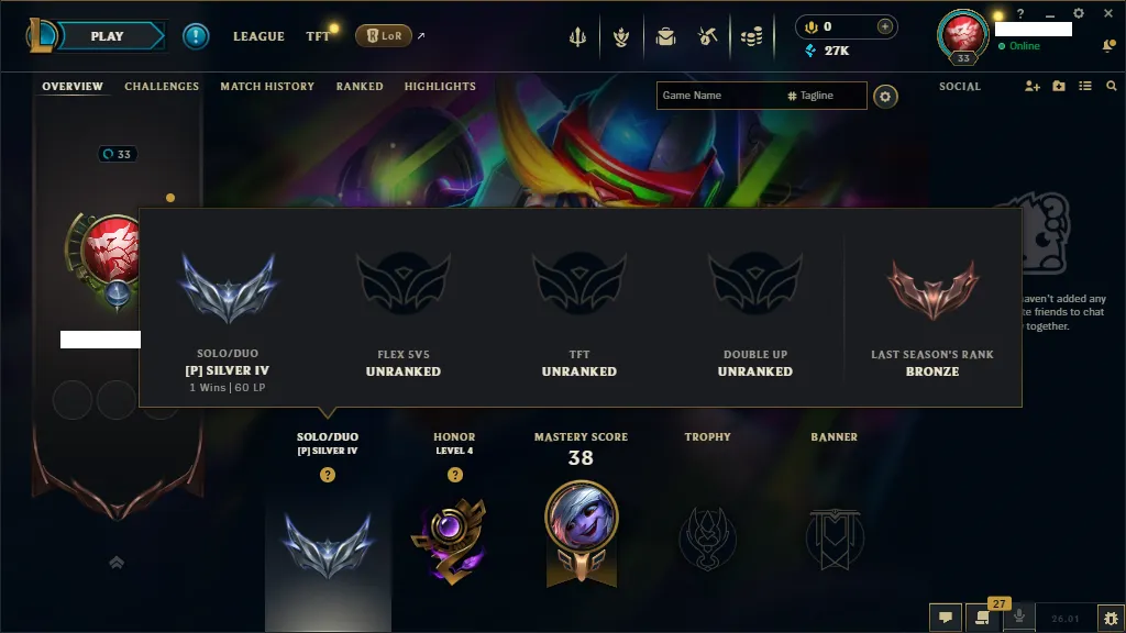 🌎EUW 🔥S16⭐️Silver 4 🏆40 Champion 🔥2 Skins Owend ☢️ 7 Skins Shard🔥27k+ BE🔥Honor 4 ✅Unverified Email🚀instant delivery