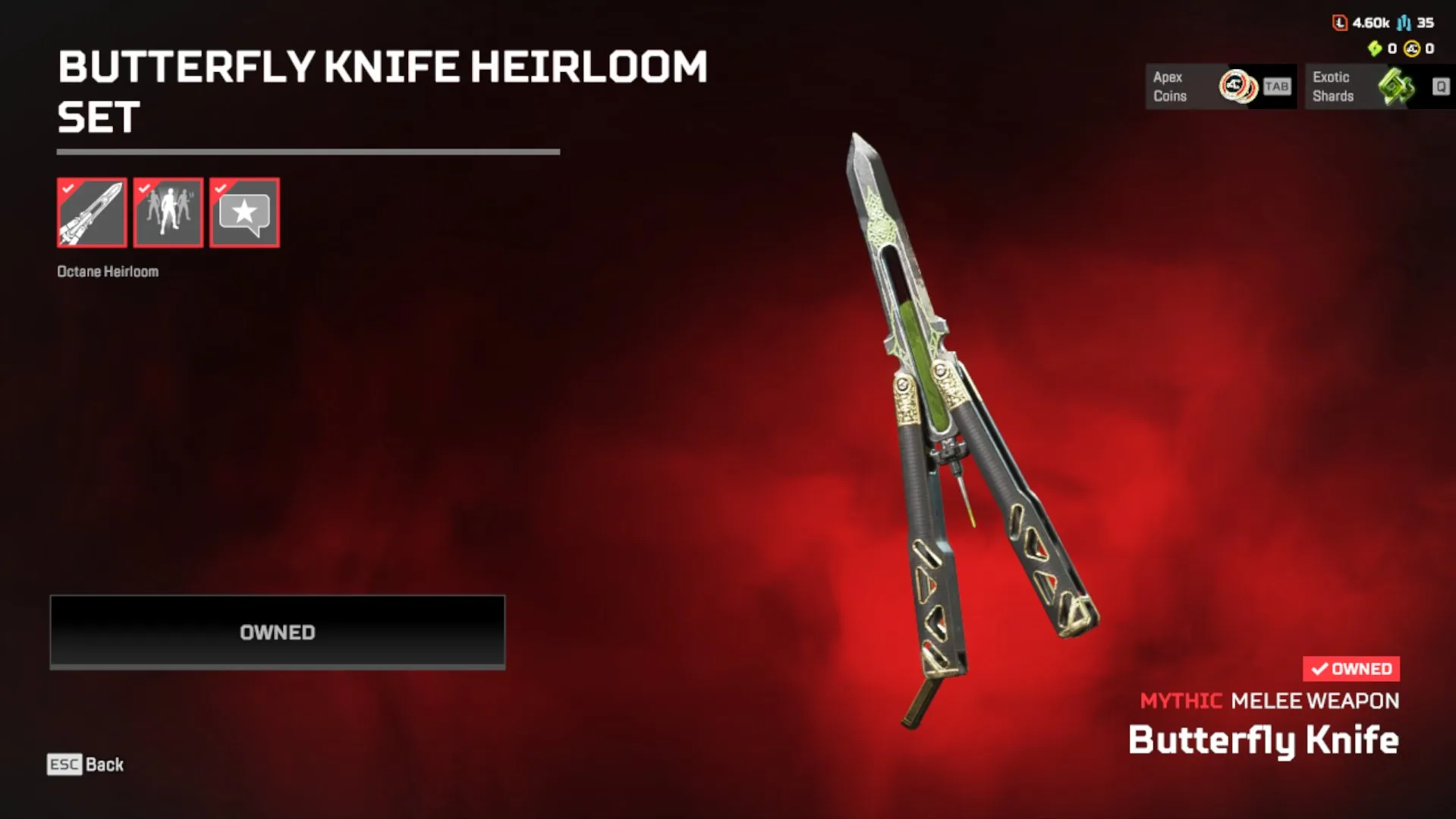 AP487 //Octain RELICS 60 LEGENDS SKINS Butterfly Knife Heirloom, Legendary Skins (K)