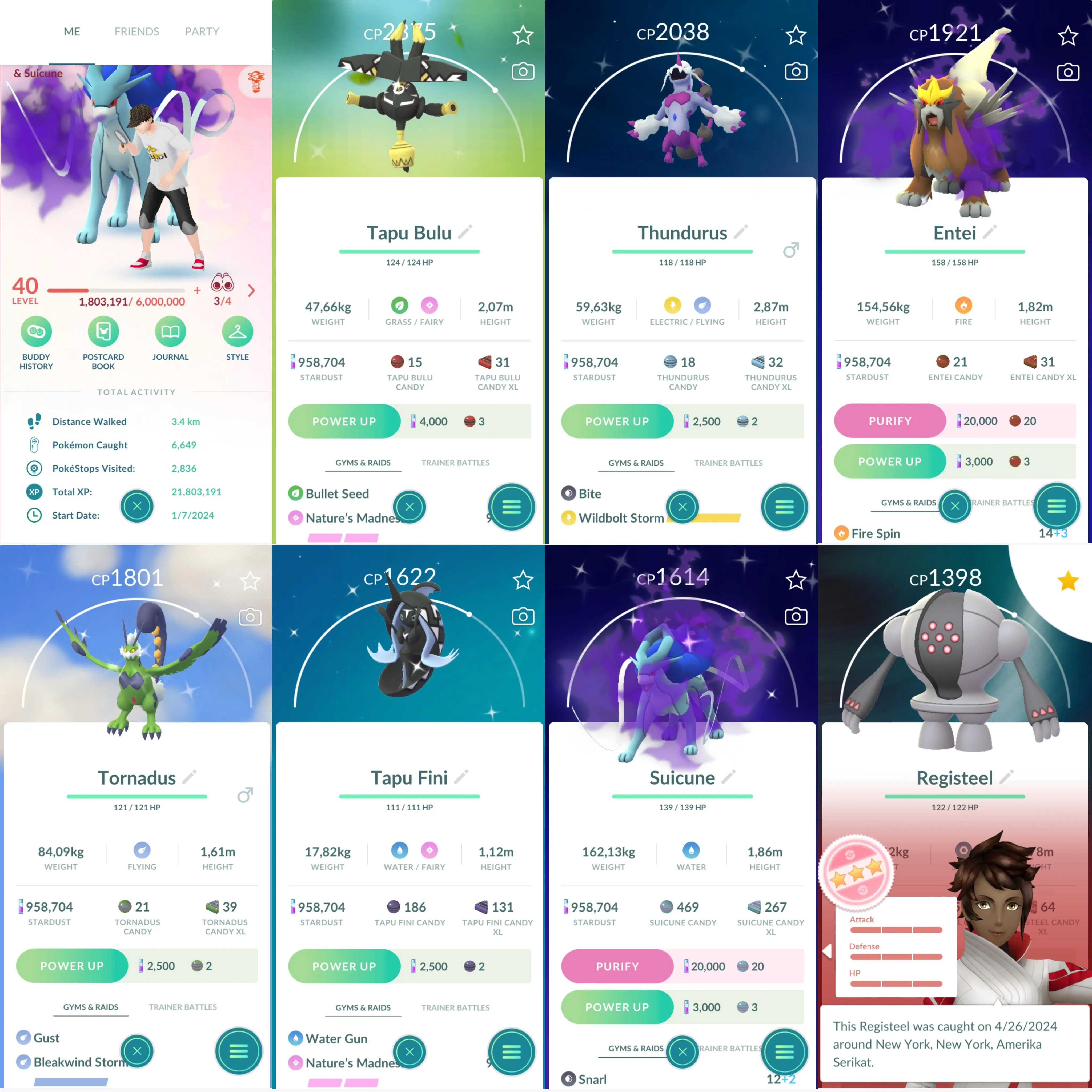 1056 LV40 Suicune100 Registeel100 Torkoal100 Shiny: tapu fini, tapu bulu, thundurus therian, tornadus therian
