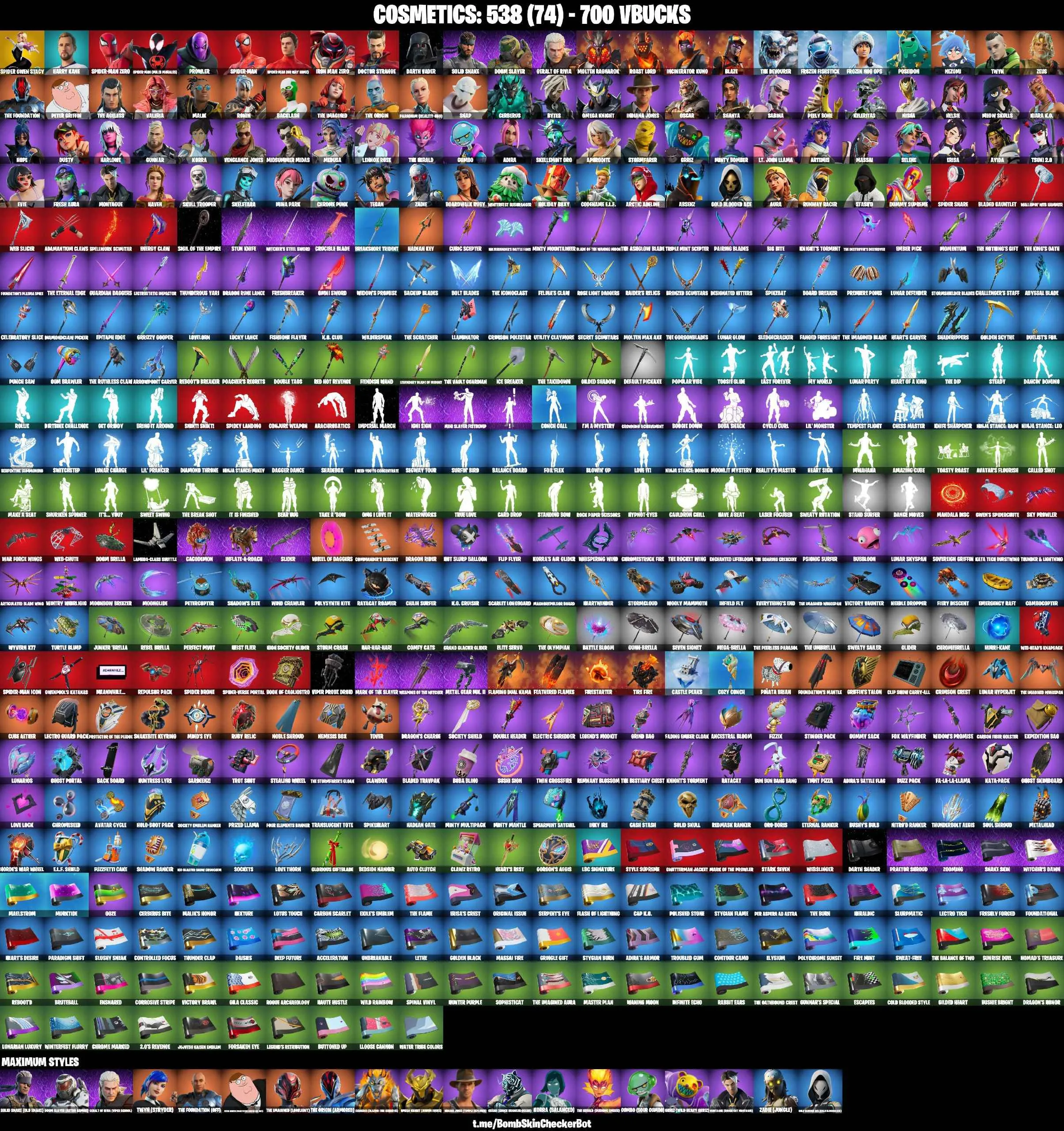 ❤️93 SKINS❤️GET GRIDDY❤️BACKLASH❤️SKULL TROOPER❤️MINA PARK❤️SPIDER-GWEN STACY❤️SPIDER-MAN ZERO❤️SPIDER-MAN(MILES MORALES)❤️SPIDER-MAN(NO WAY HOME)❤️SPIDER-MAN❤️DARTH VADER❤️DUMMY SUPREME❤️ARTEMIS❤️EVIE❤️TSUKI 2.0❤️AURA❤️HOPE❤️MEOW SKULLS❤️PEELY BONE❤️