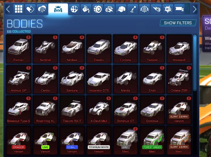 STOCK879 //Fennec + Titanium White Venom + X Devil + 40 Cars + 40 Boosts + 111 Bodies Collected (K)