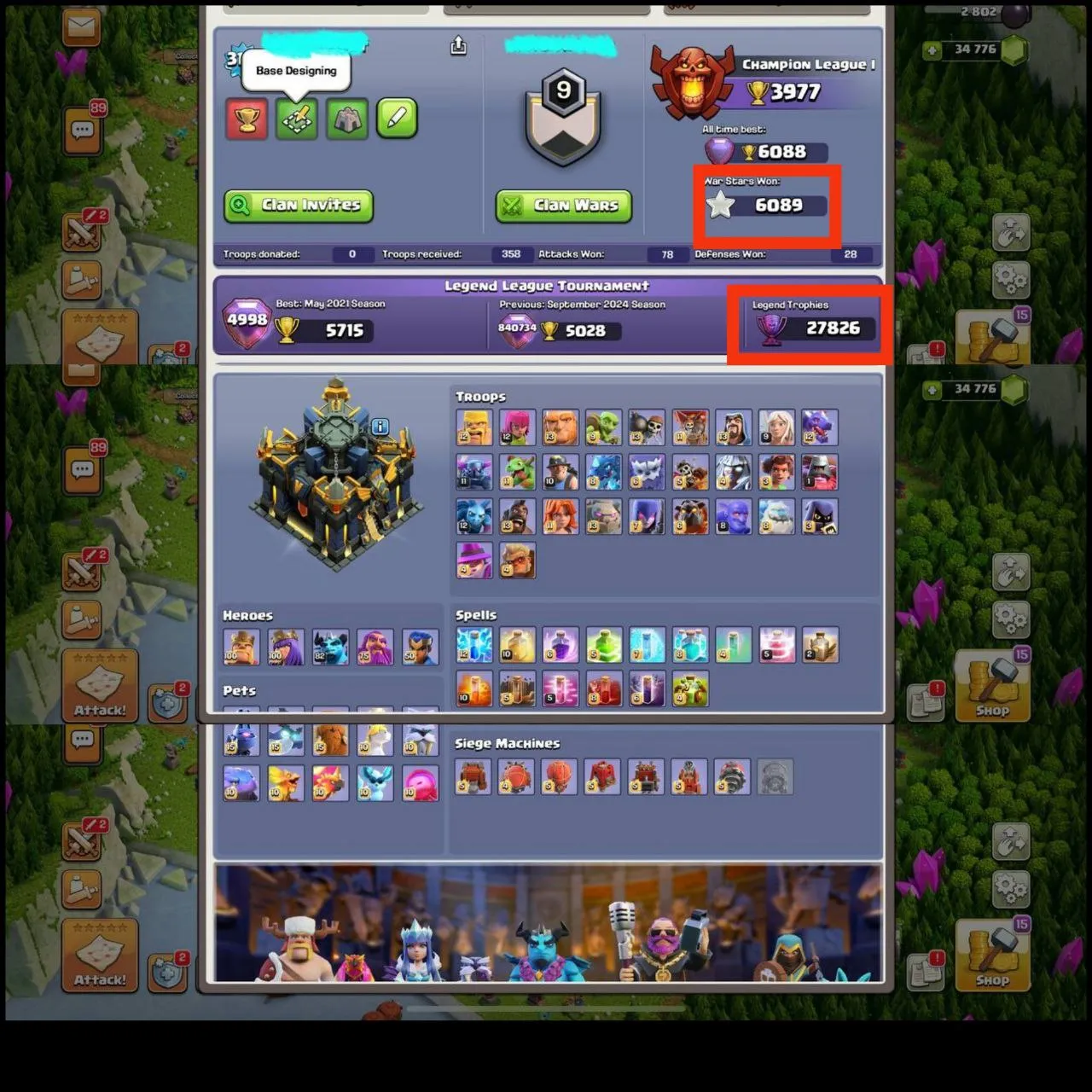 ✨Rarest 310xp✨6.1k Warstar✨27k legend cups✨34k+ gems✨6k+ pb✨Th17 95% maxed✨max walls heroes✨High lvl equipments✨medals overloaded✨