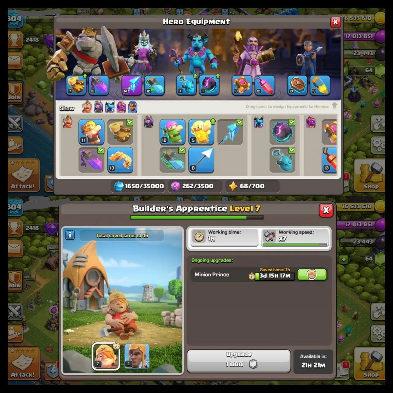 ✨Rarest 304xp Th13 Max✨Rare Highxp✨75-75-40-50-25 heroes✨99 percent maxed✨6builder✨lv7 builders apprentice✨Collective✨