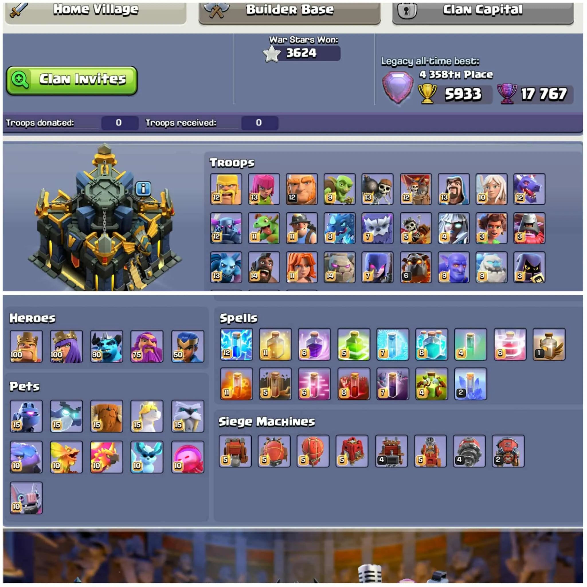 [9300 Gems]➤➤Th17 Almost Max➤➤Max Profile Heros Pet➤➤17767 Legendary Trophy➤➤13 Epic Equipment➤7 Epic Almost Max➤Exp:262