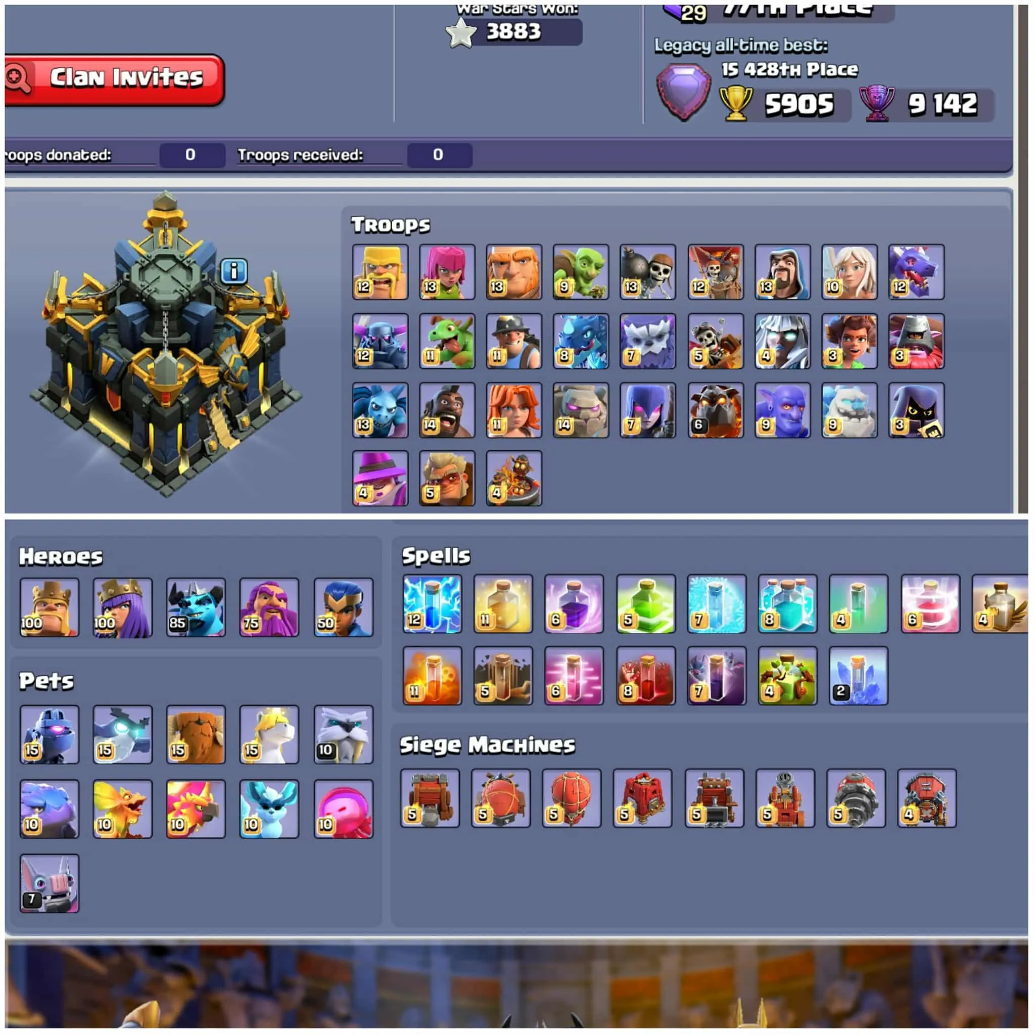 [Exp:265]➤➤Th17 Special Account➤➤Clash Of Dragon Scenary➤➤11 Epic Equipment➤➤15 Skins 5 Scenary➤➤4900 Gems➤➤9.1k Trophy