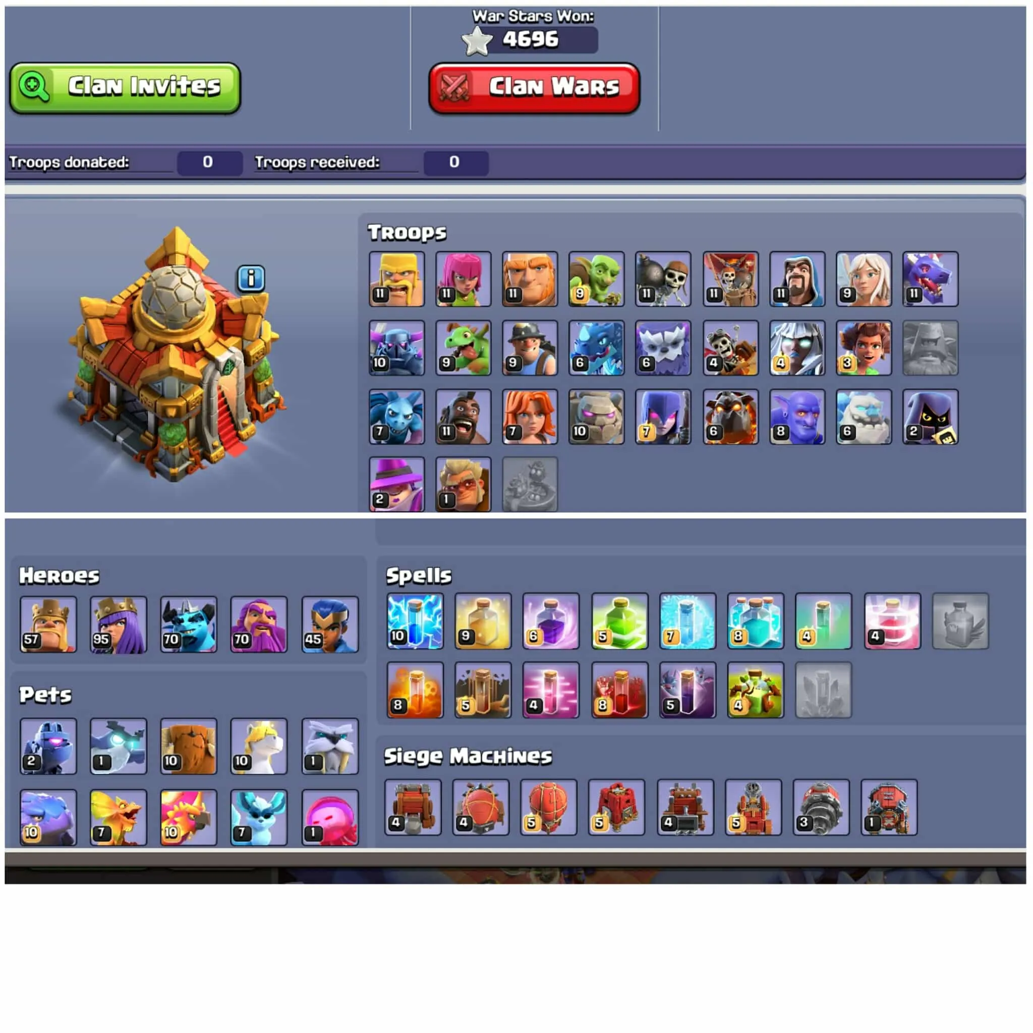 [Jolly Scenary]➤➤Th16 Special Account➤➤4696 War Stars➤➤Heros:57-95-70-70-45➤➤1800 Gems➤➤Nc Available➤➤Exp:213