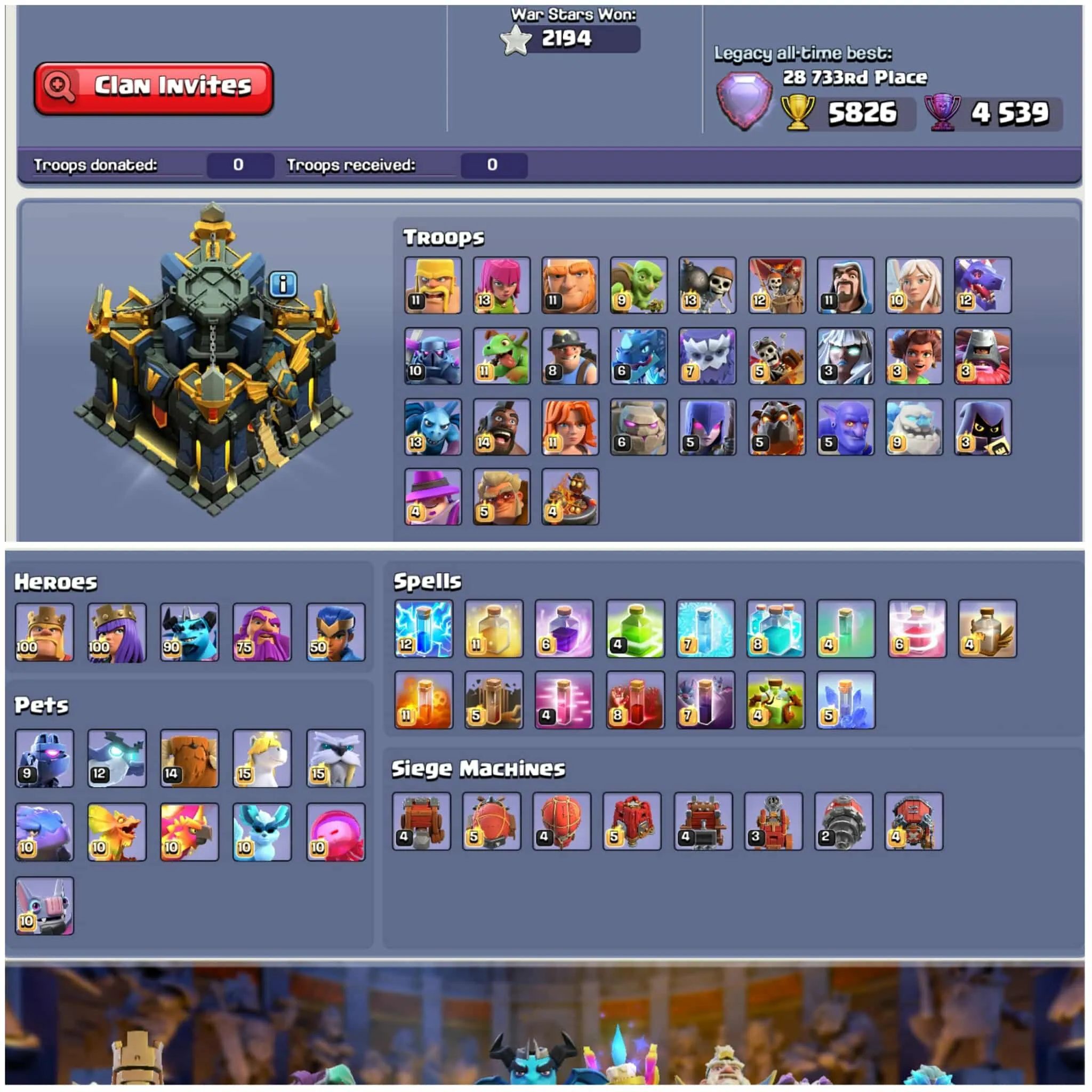 [12 Epic Equipment]➤➤Th17 Superb Account➤➤5 Heros Max➤➤Wall Defence Max➤➤Leaugue King➤➤Nc Available➤➤Exp:245