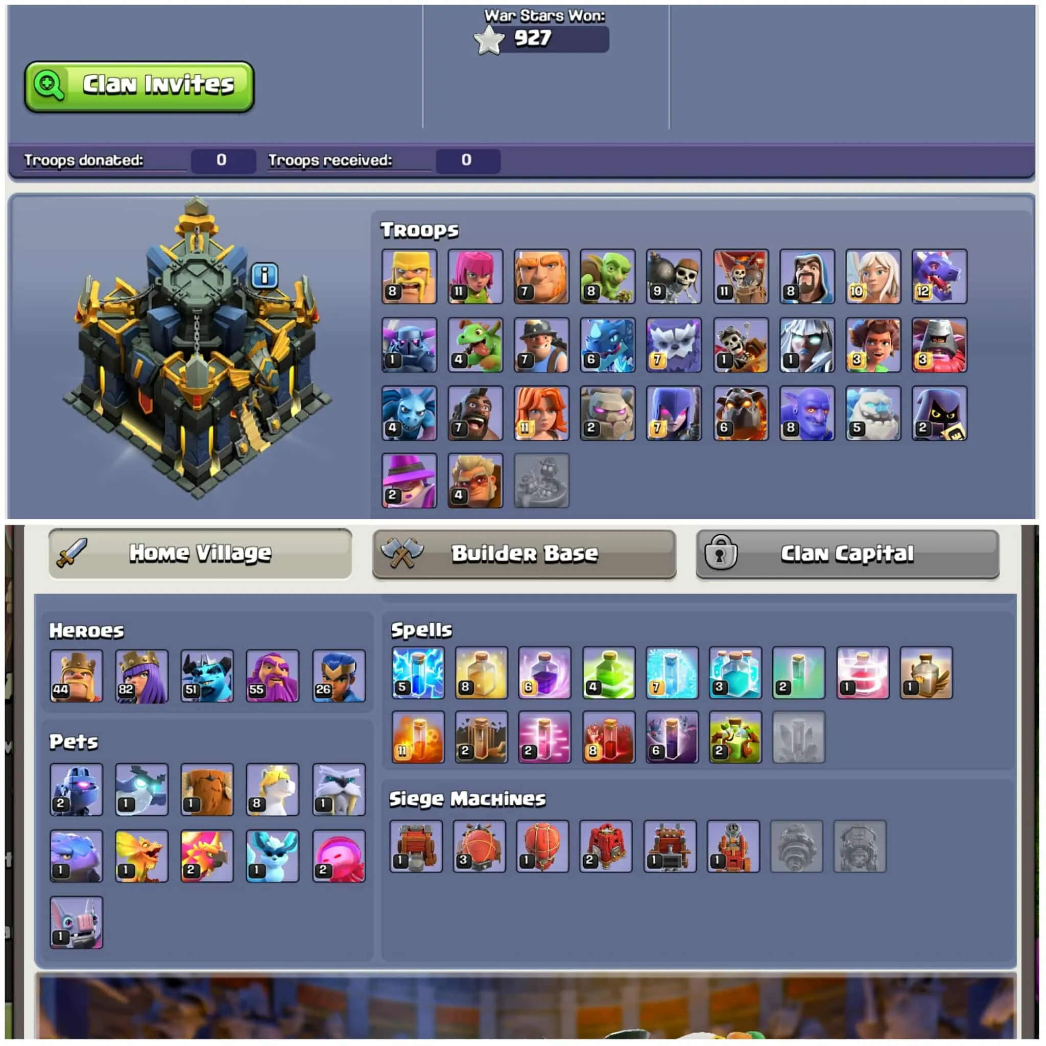 [9 Epic Equipment]➤➤Th17 Best Account➤➤7 Troops Fire➤➤Heros:45-82-51-55-27➤➤6th Builders➤➤Free Nc➤➤Blue Wall➤➤1650 Gems